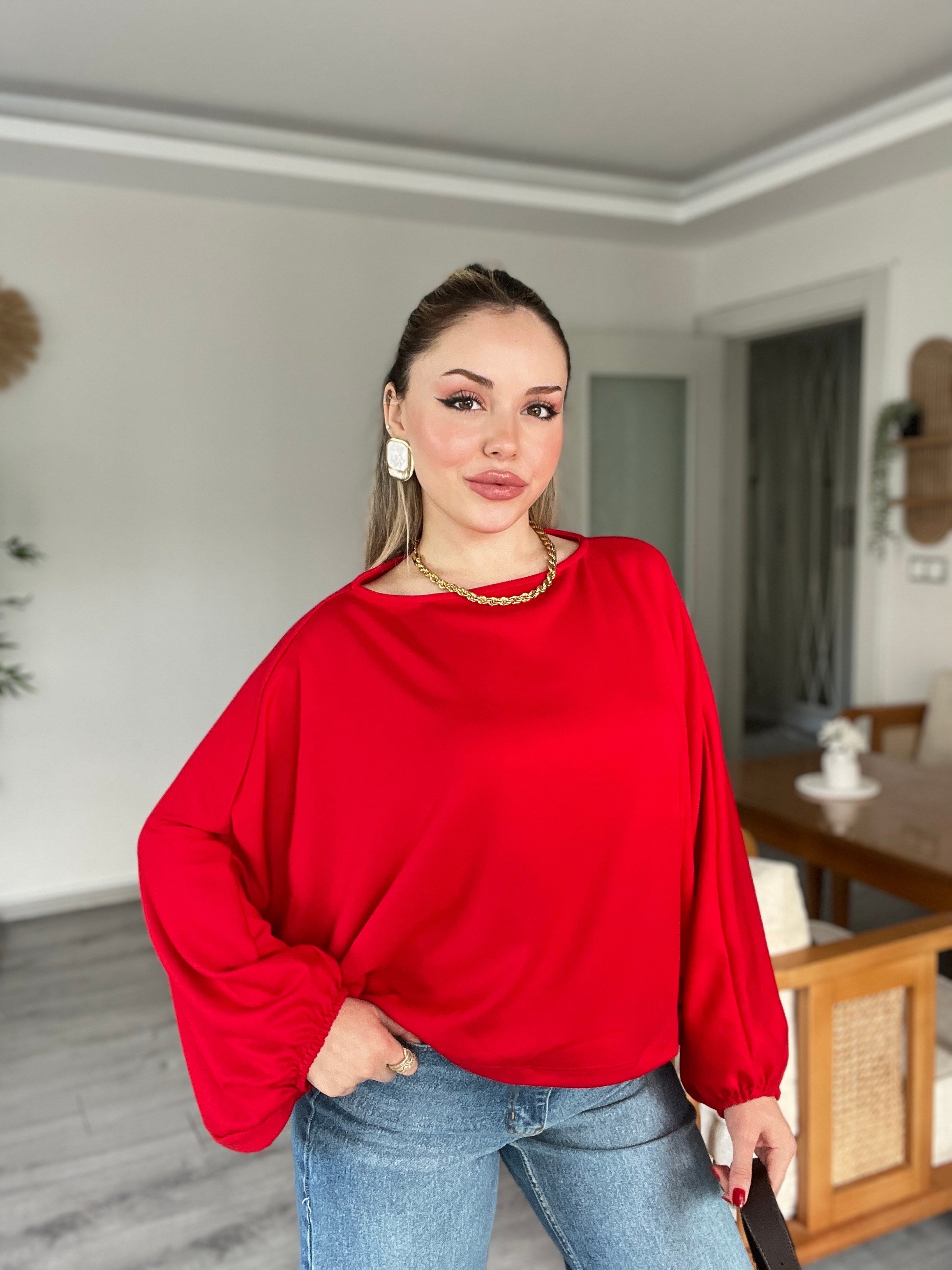 Kırmızı Yarasa Kol Oversize Modal Bluz