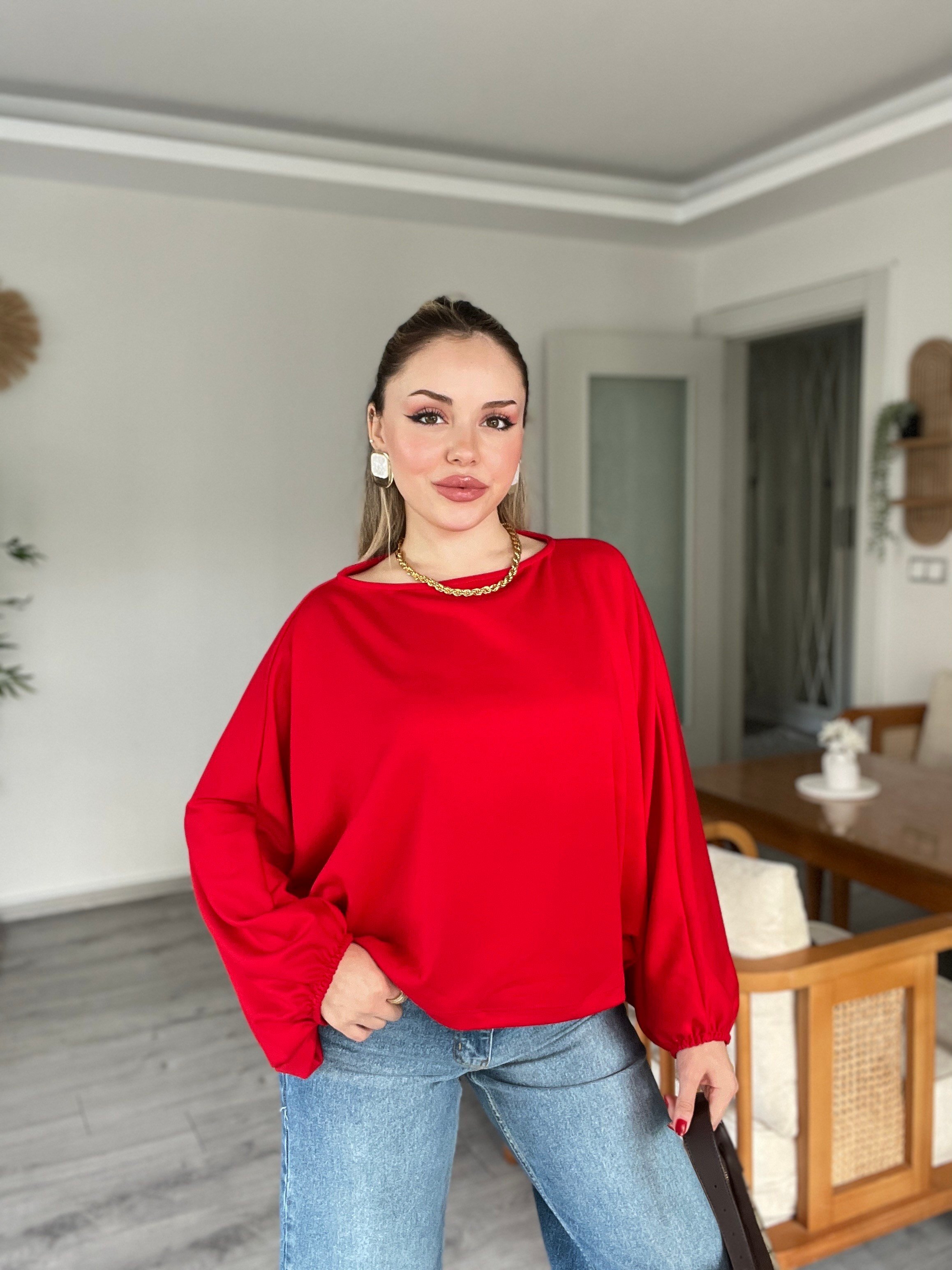 Kırmızı Yarasa Kol Oversize Modal Bluz