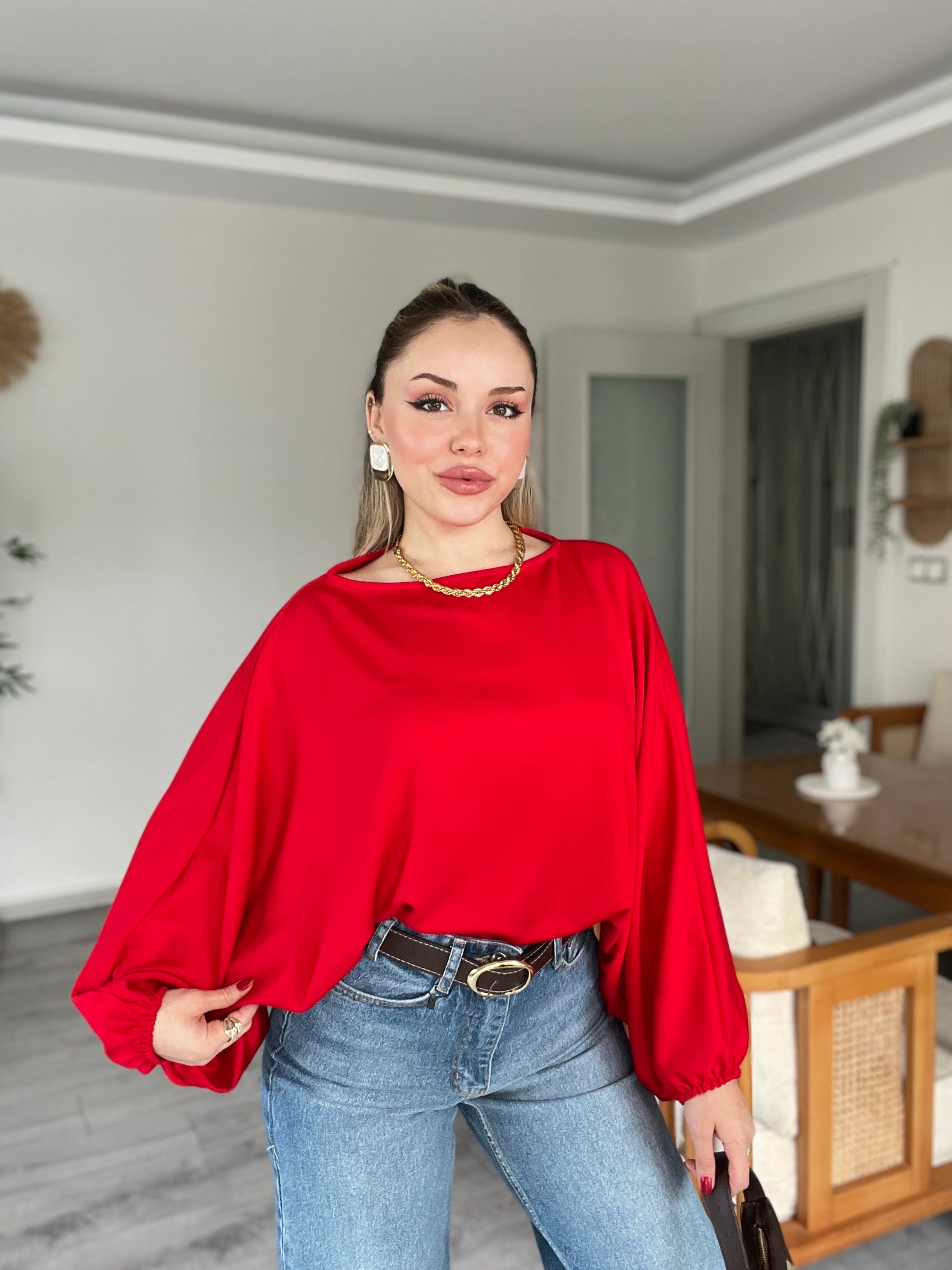 Kırmızı Yarasa Kol Oversize Modal Bluz