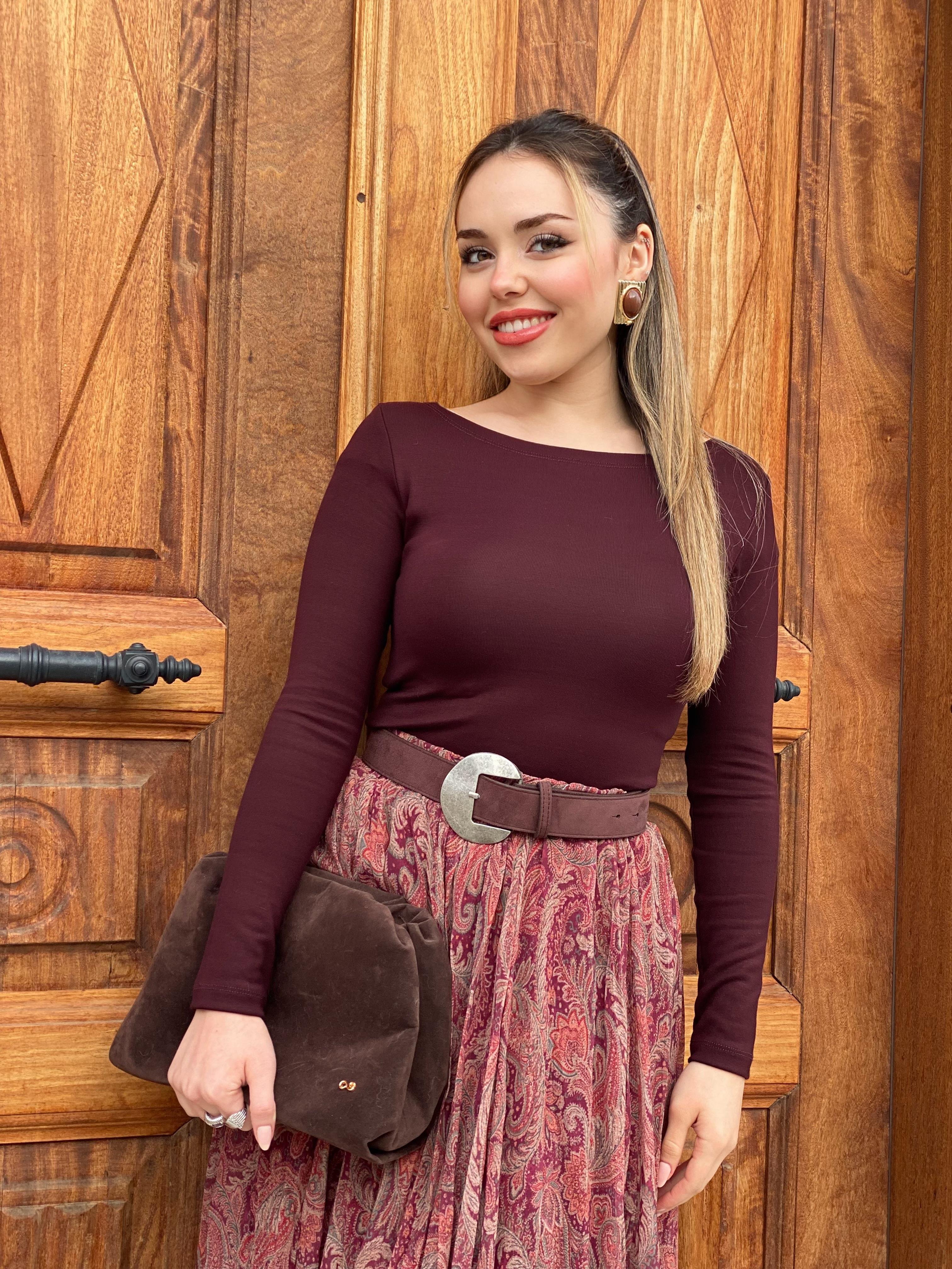 Koyu Bordo Kayık Yaka Basic Bluz