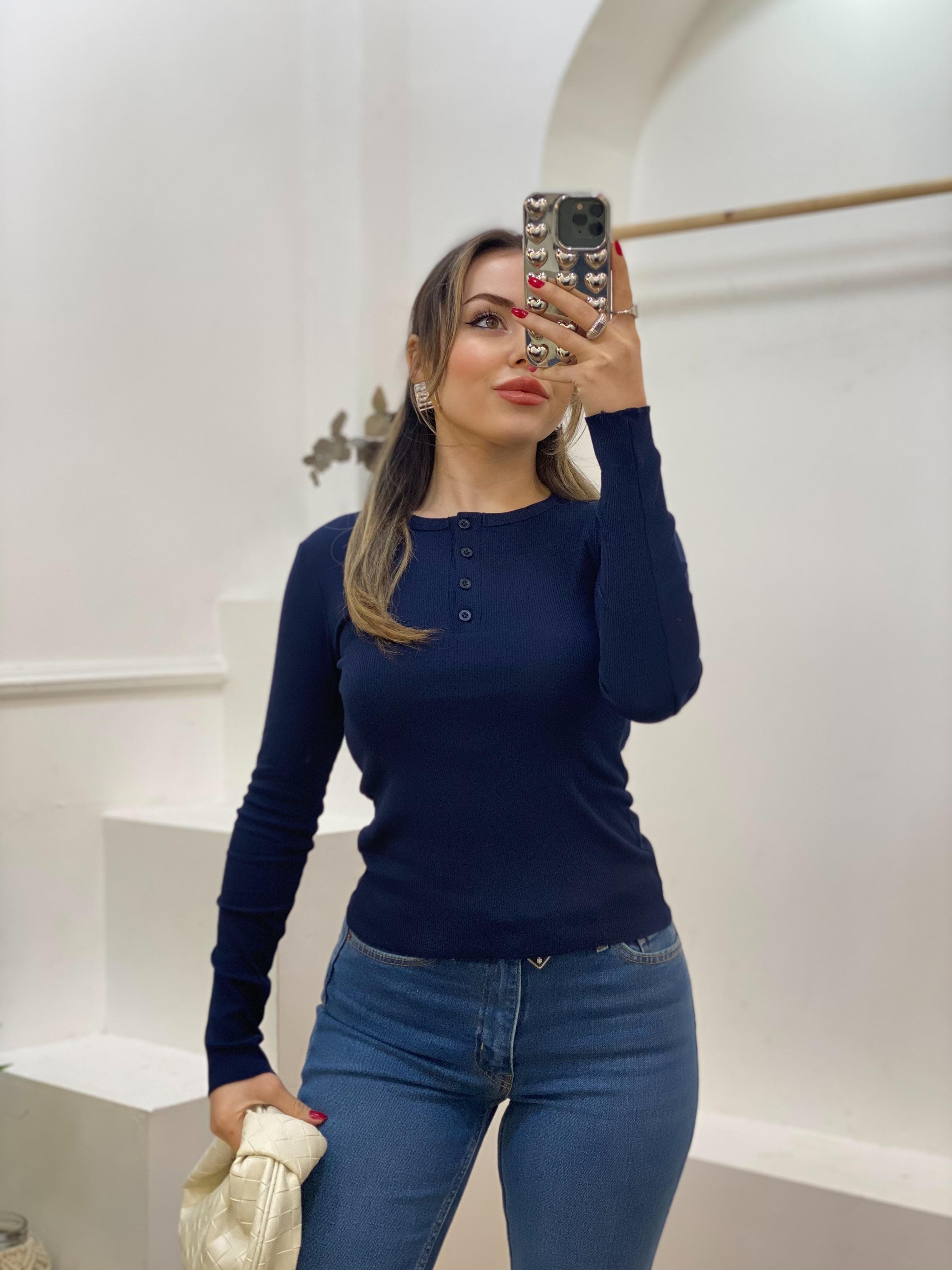 Lacivert Düğmeli Fitilli Basic Bluz