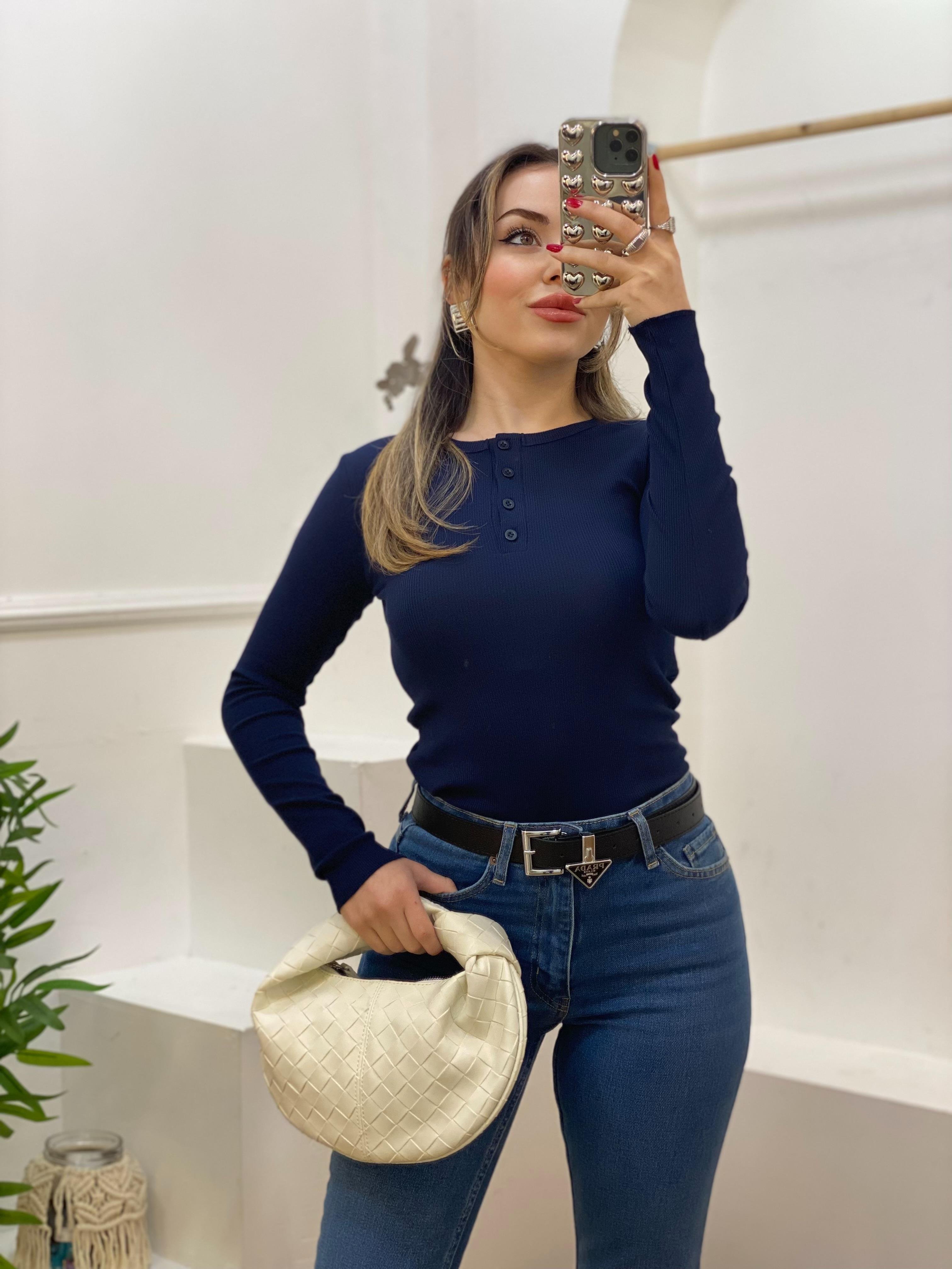 Lacivert Düğmeli Fitilli Basic Bluz