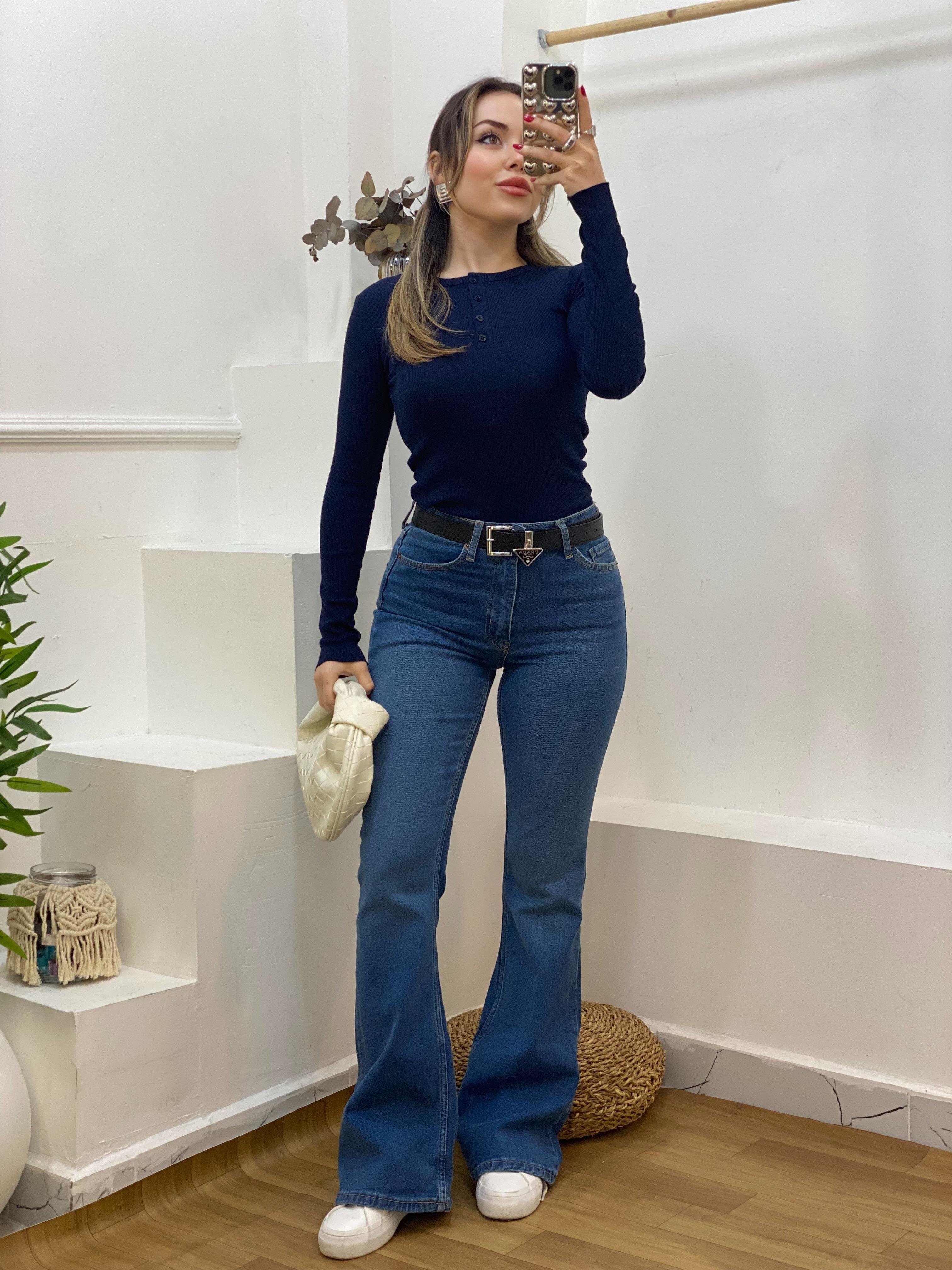 Lacivert Düğmeli Fitilli Basic Bluz
