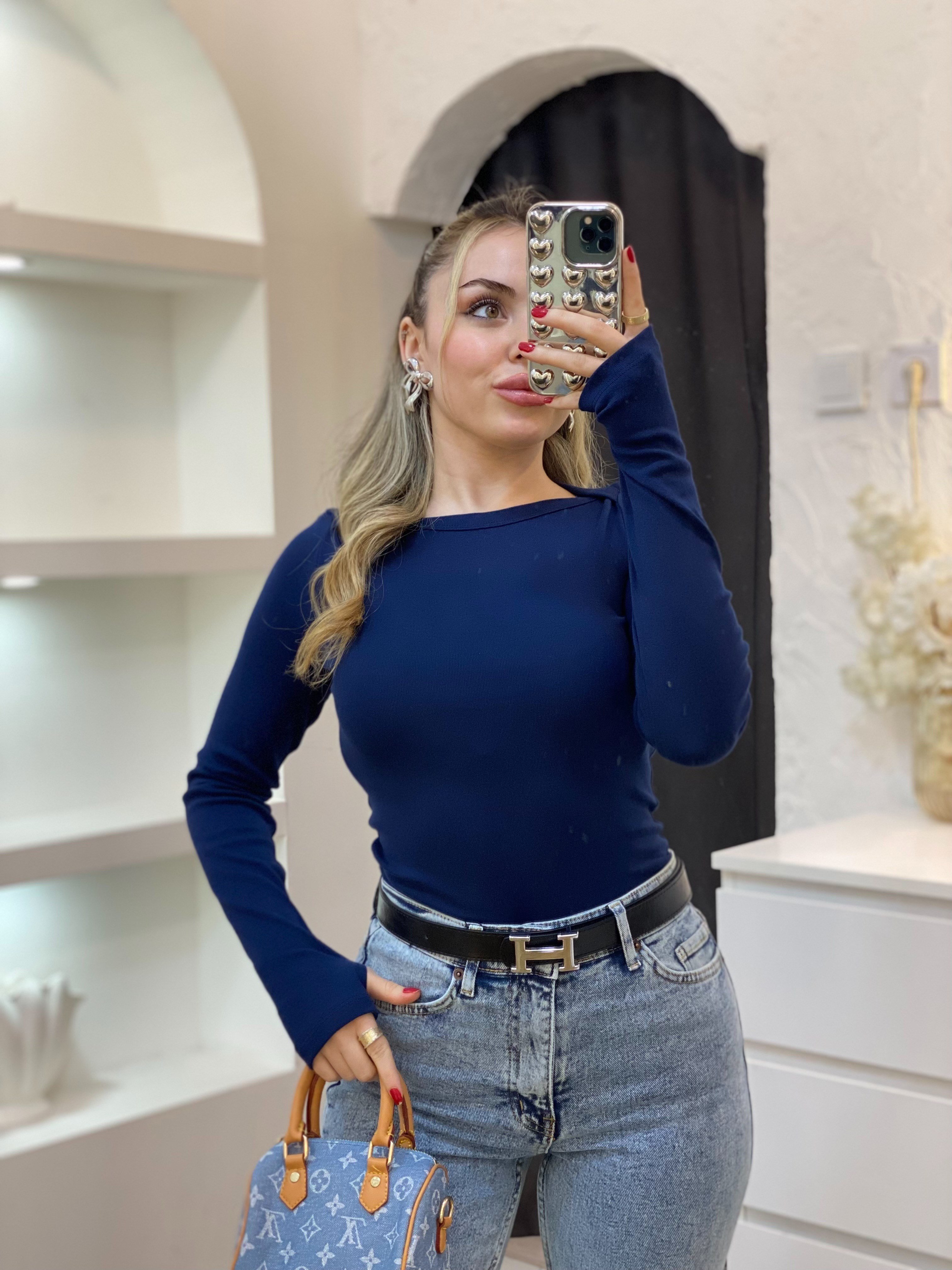 Lacivert Kayık Yaka Basic Bluz