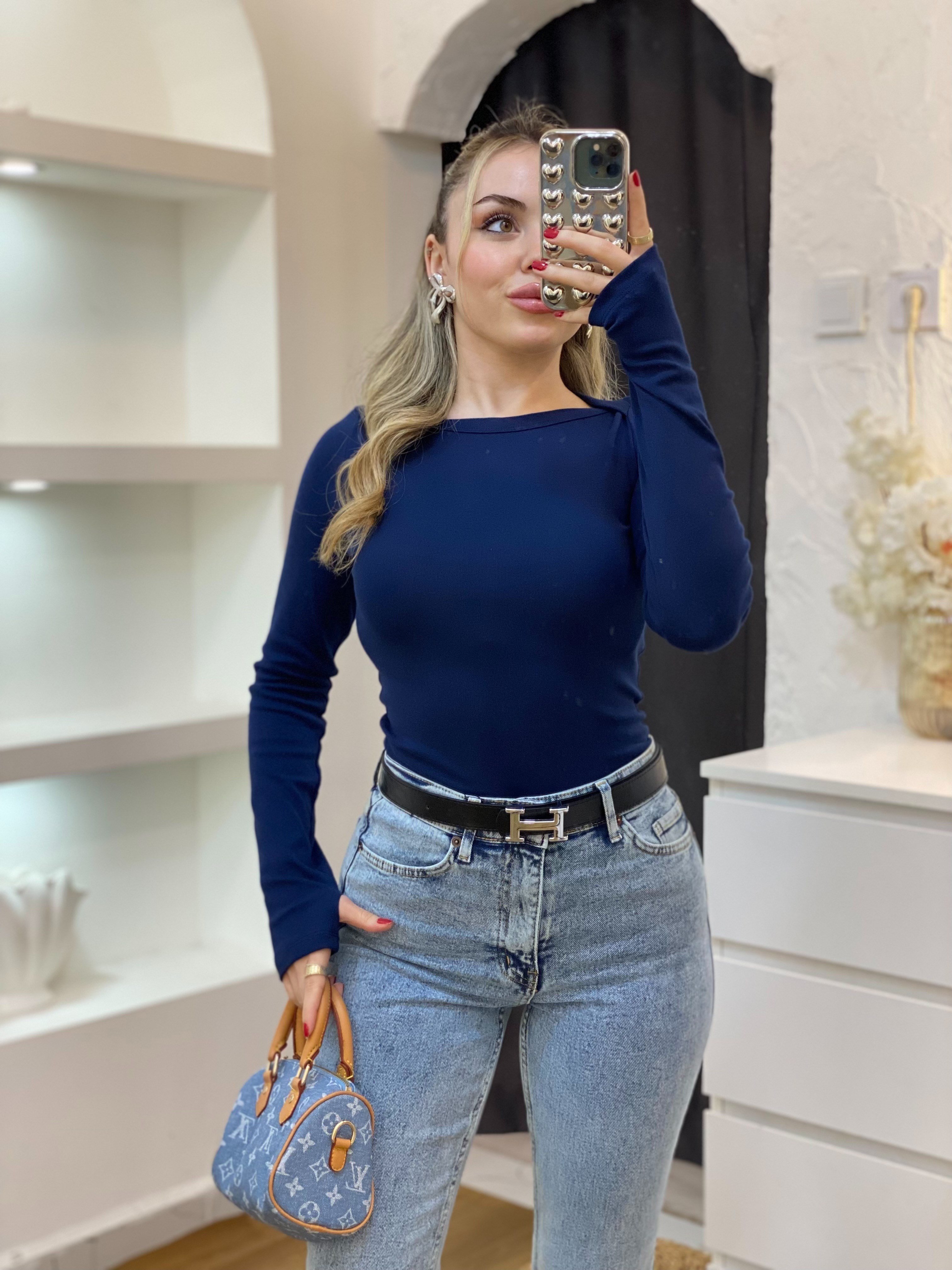 Lacivert Kayık Yaka Basic Bluz