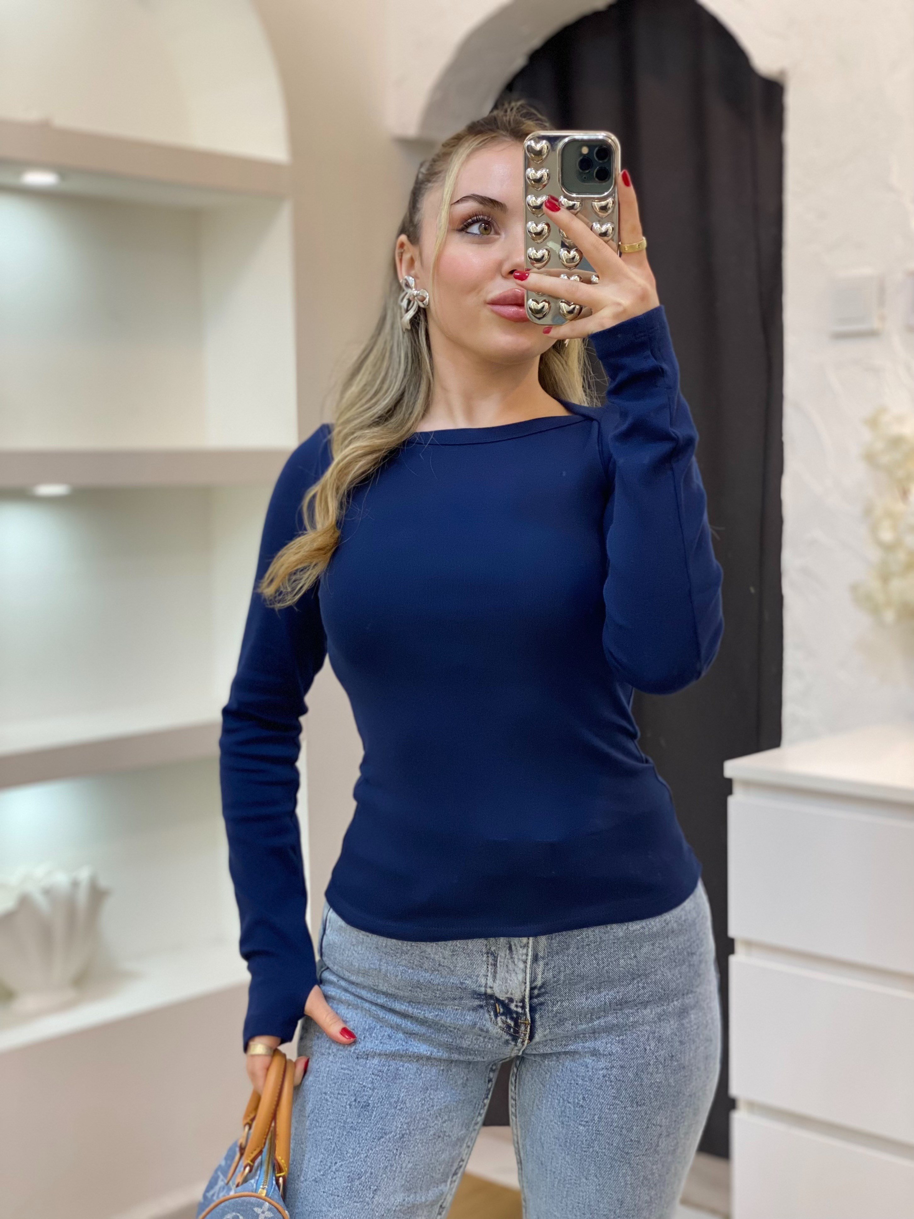 Lacivert Kayık Yaka Basic Bluz