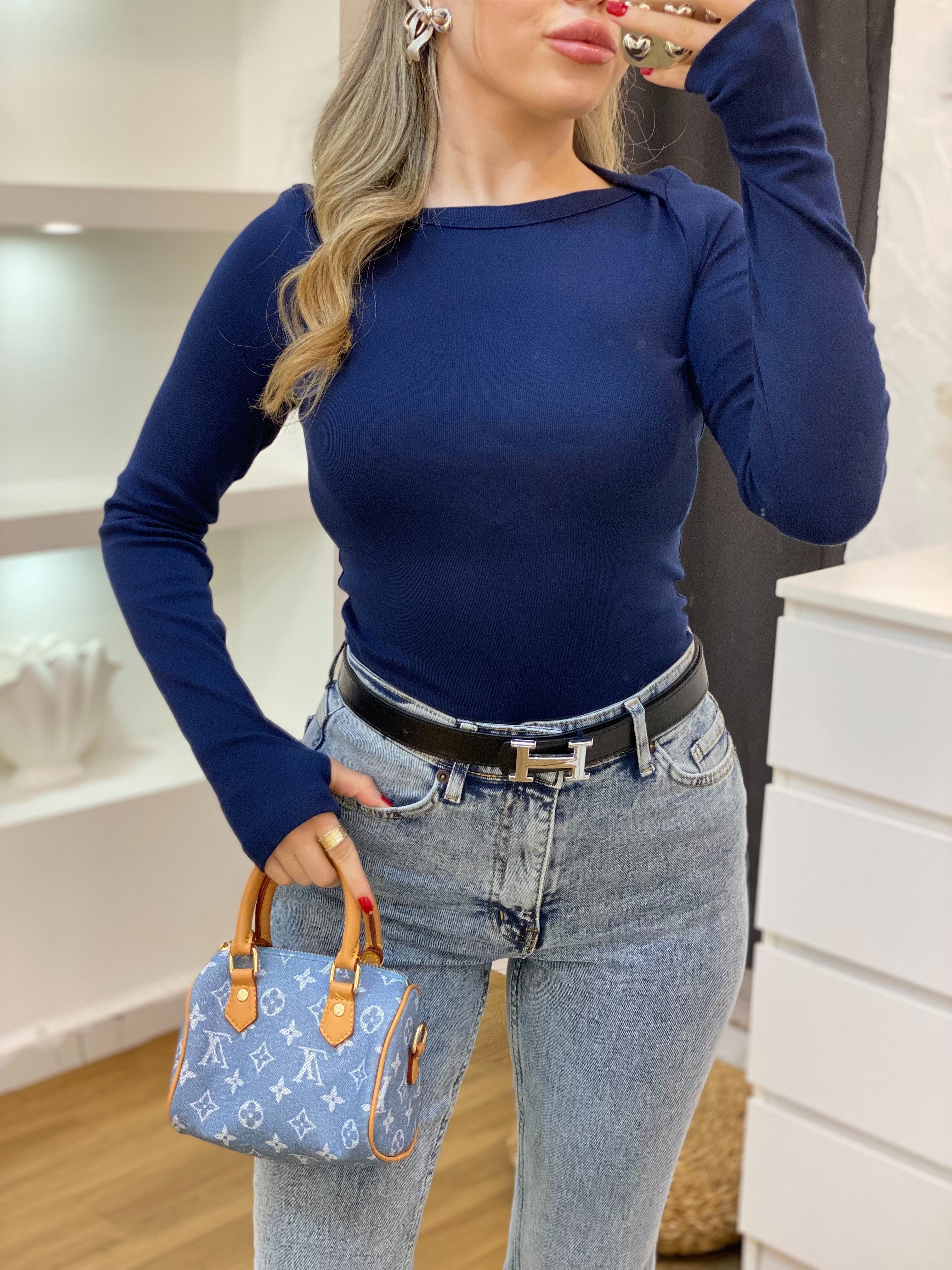Lacivert Kayık Yaka Basic Bluz