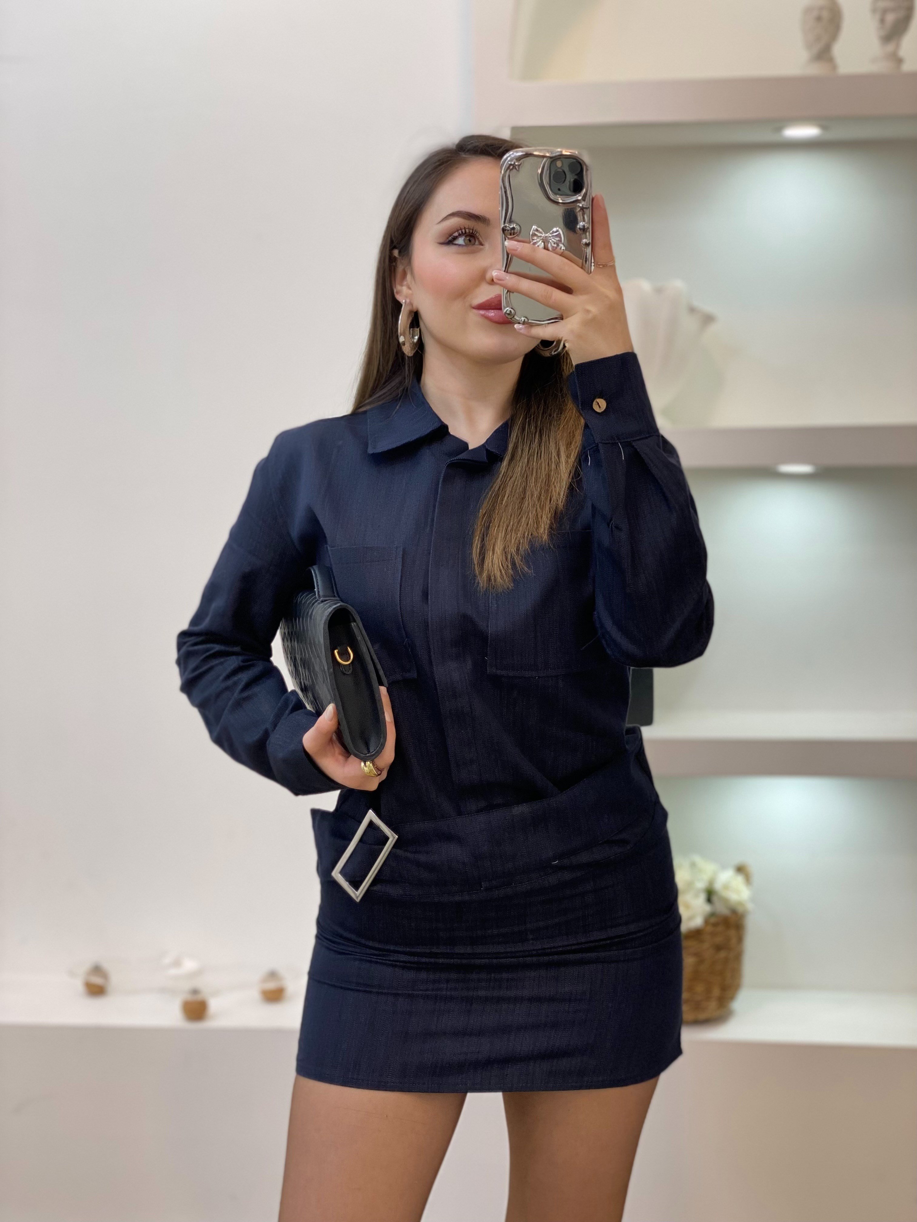 Lacivert Kemer Detaylı Kot Elbise