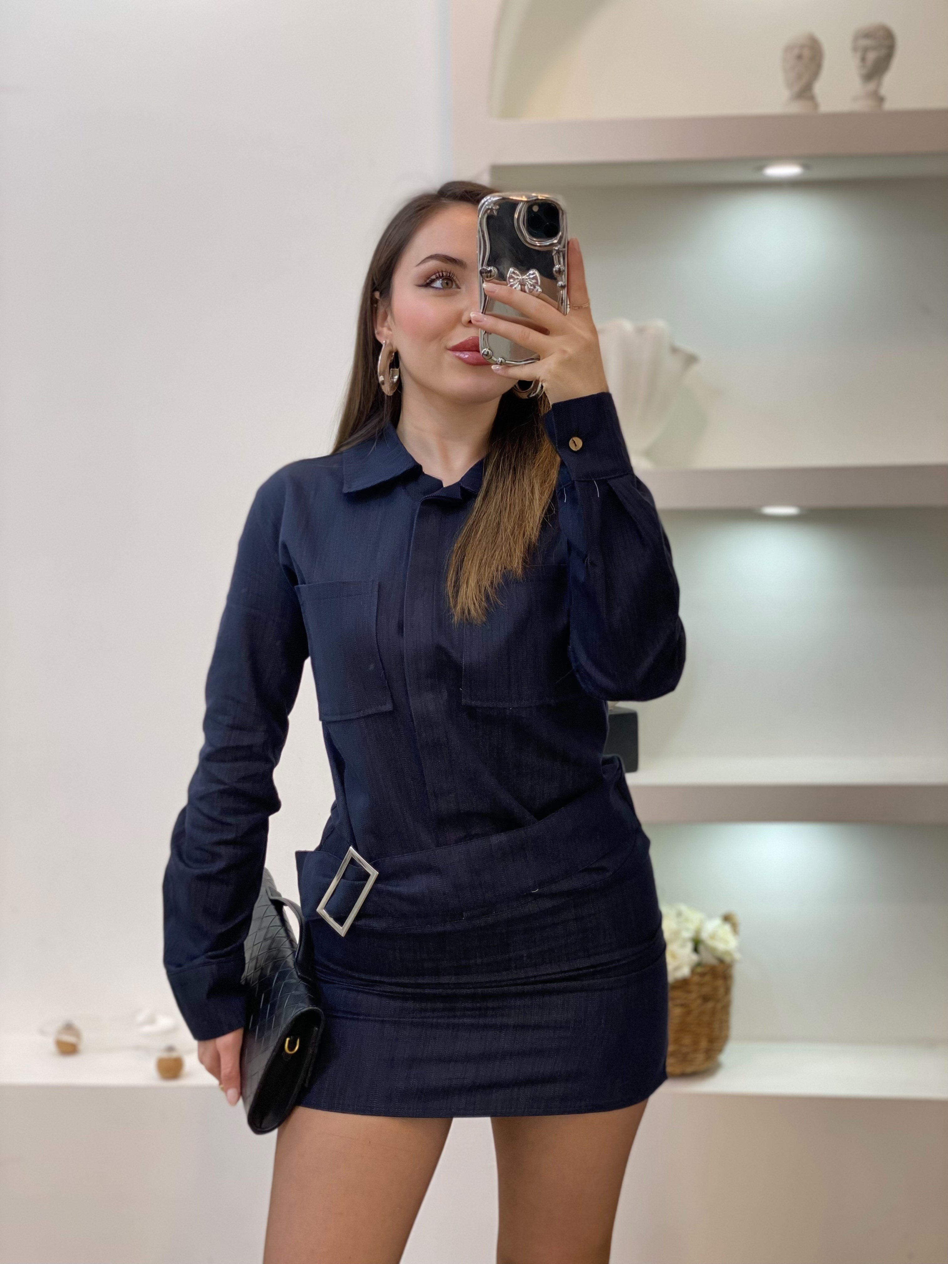 Lacivert Kemer Detaylı Kot Elbise