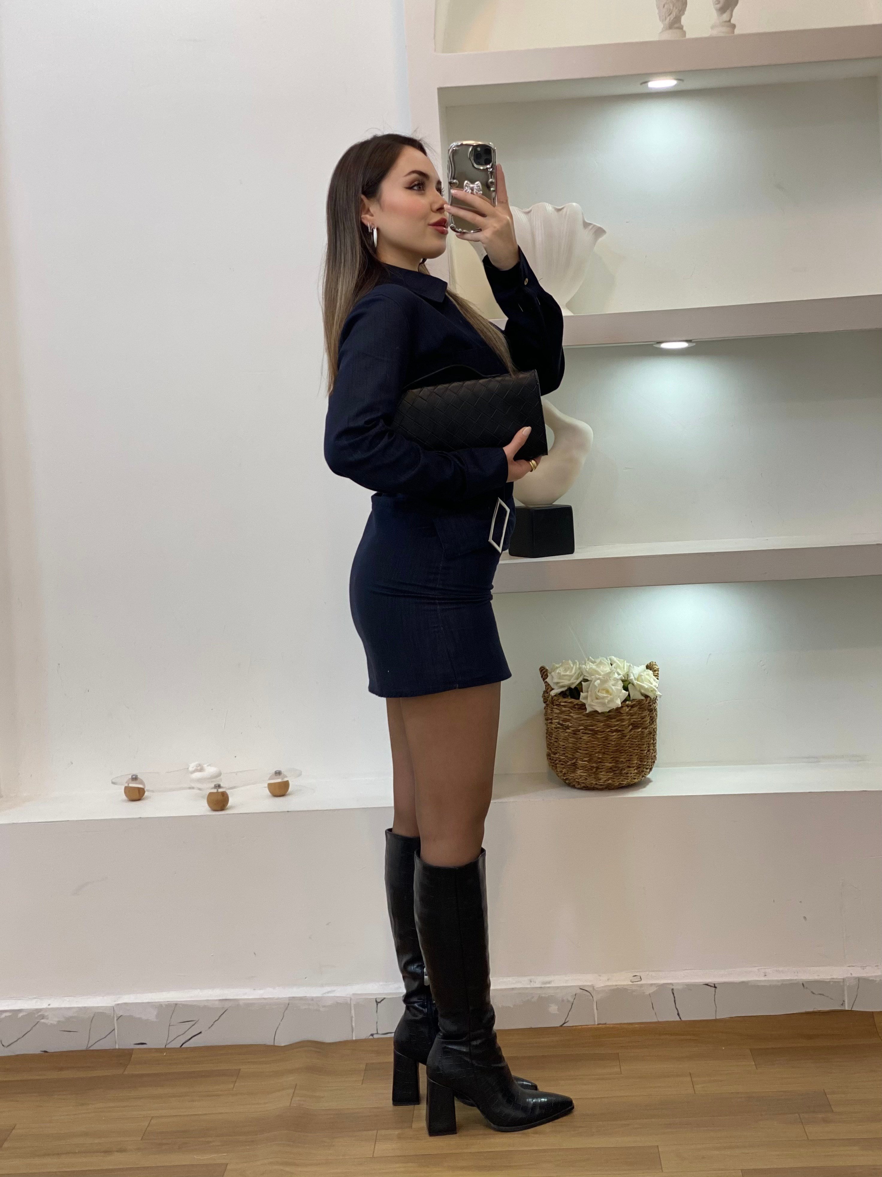 Lacivert Kemer Detaylı Kot Elbise