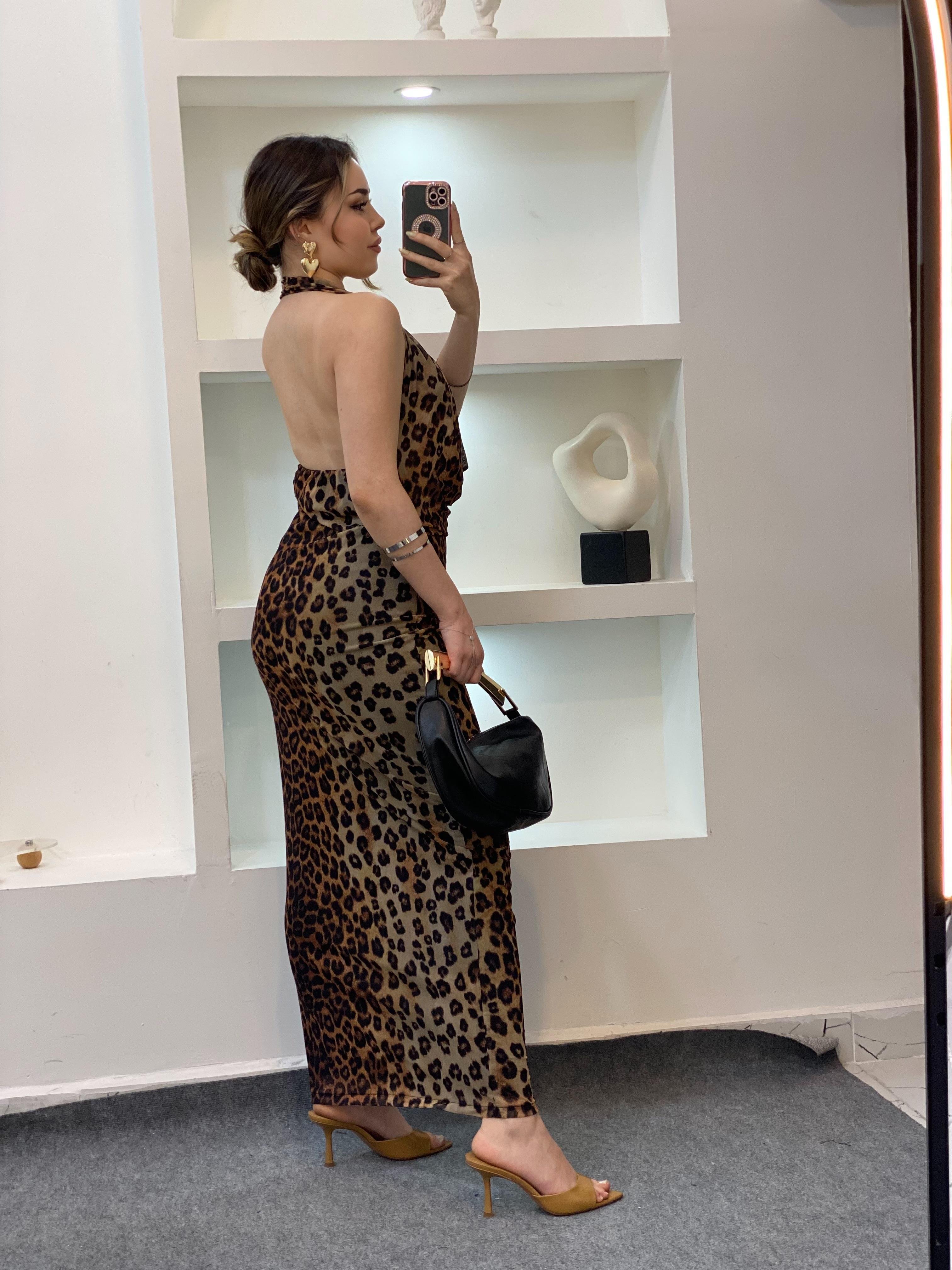 Leopar Desen Degaje Yaka Sırt Dekolteli Elbise