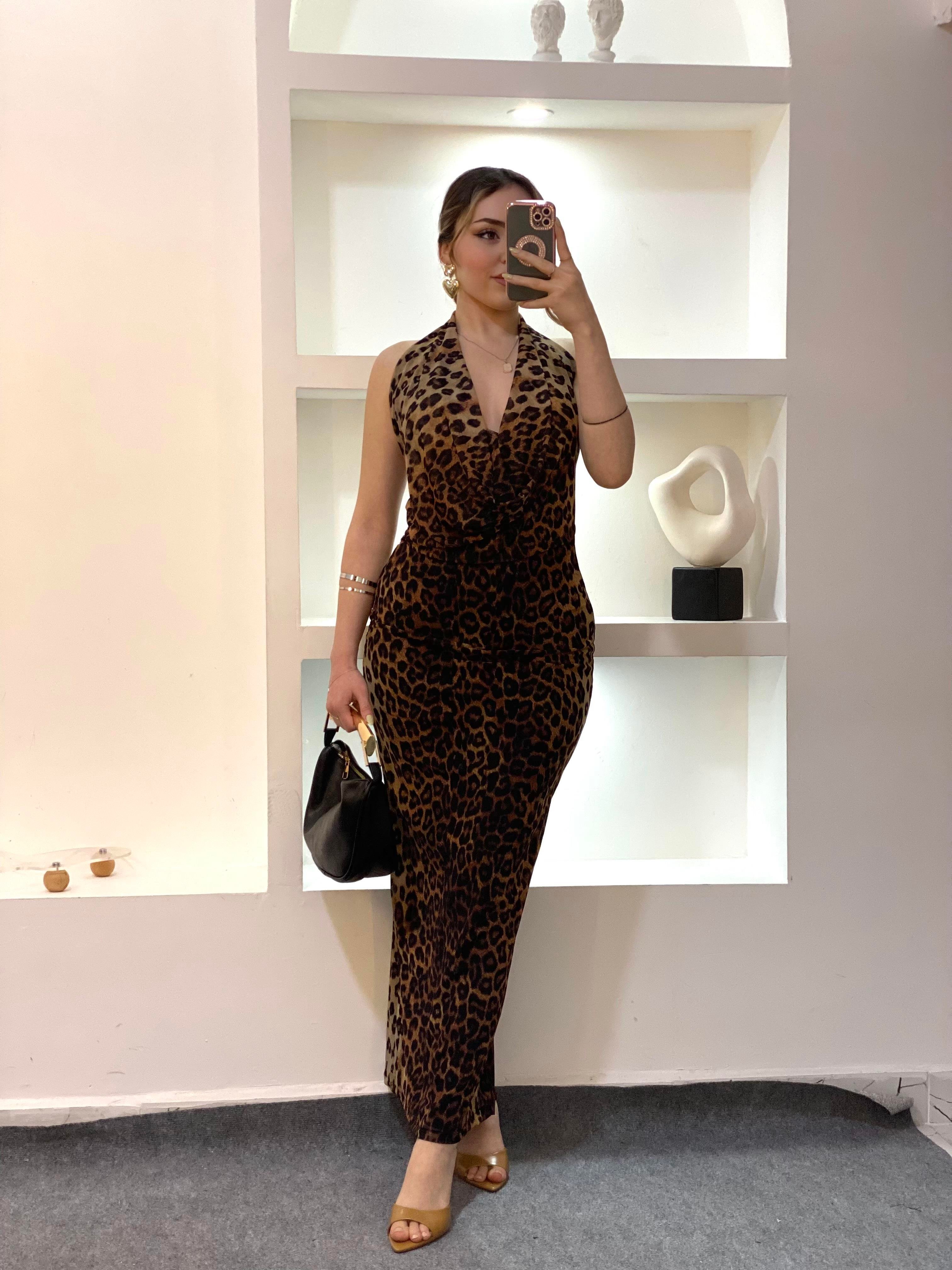 Leopar Desen Degaje Yaka Sırt Dekolteli Elbise