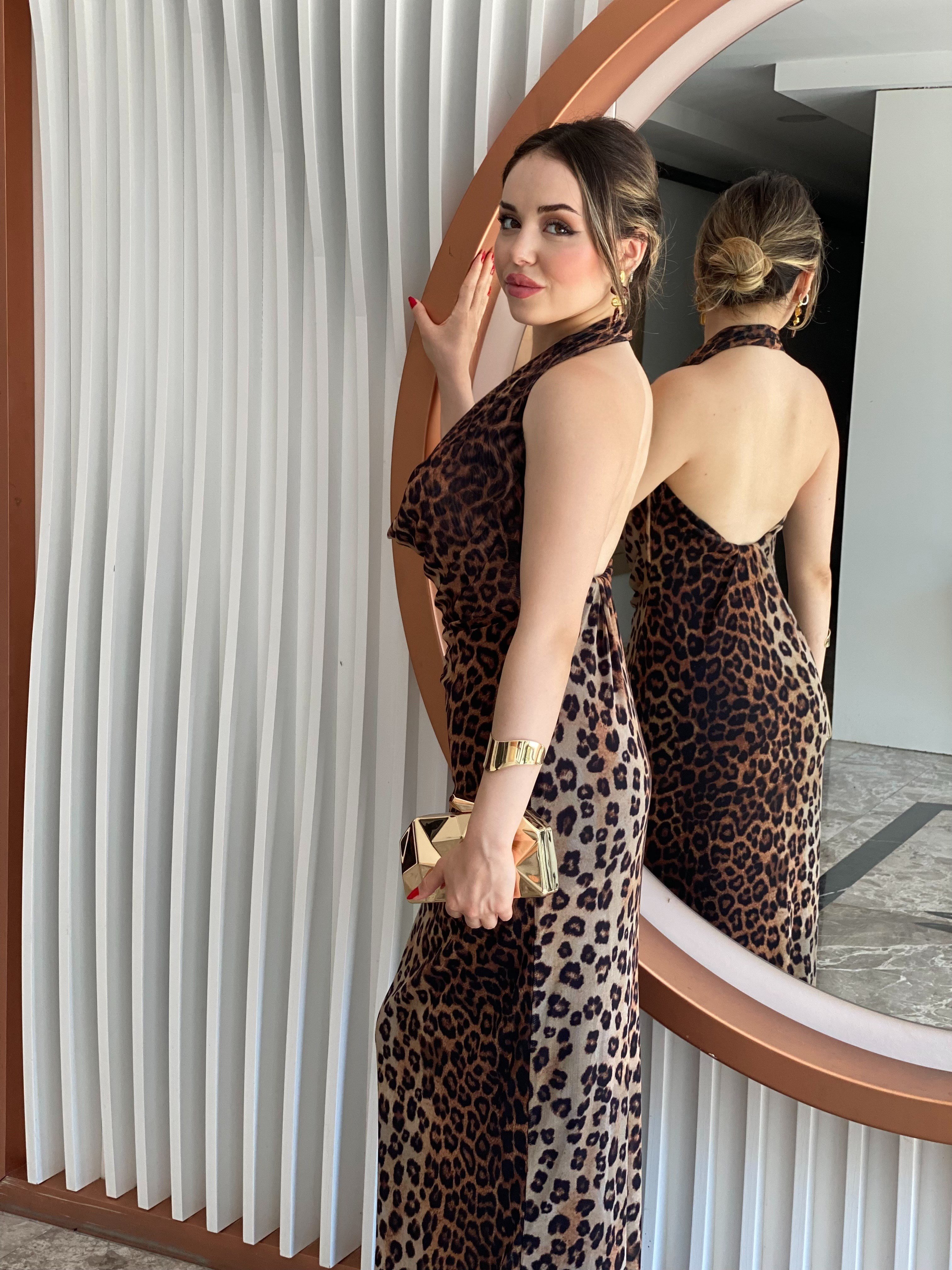 Leopar Desen Degaje Yaka Sırt Dekolteli Elbise