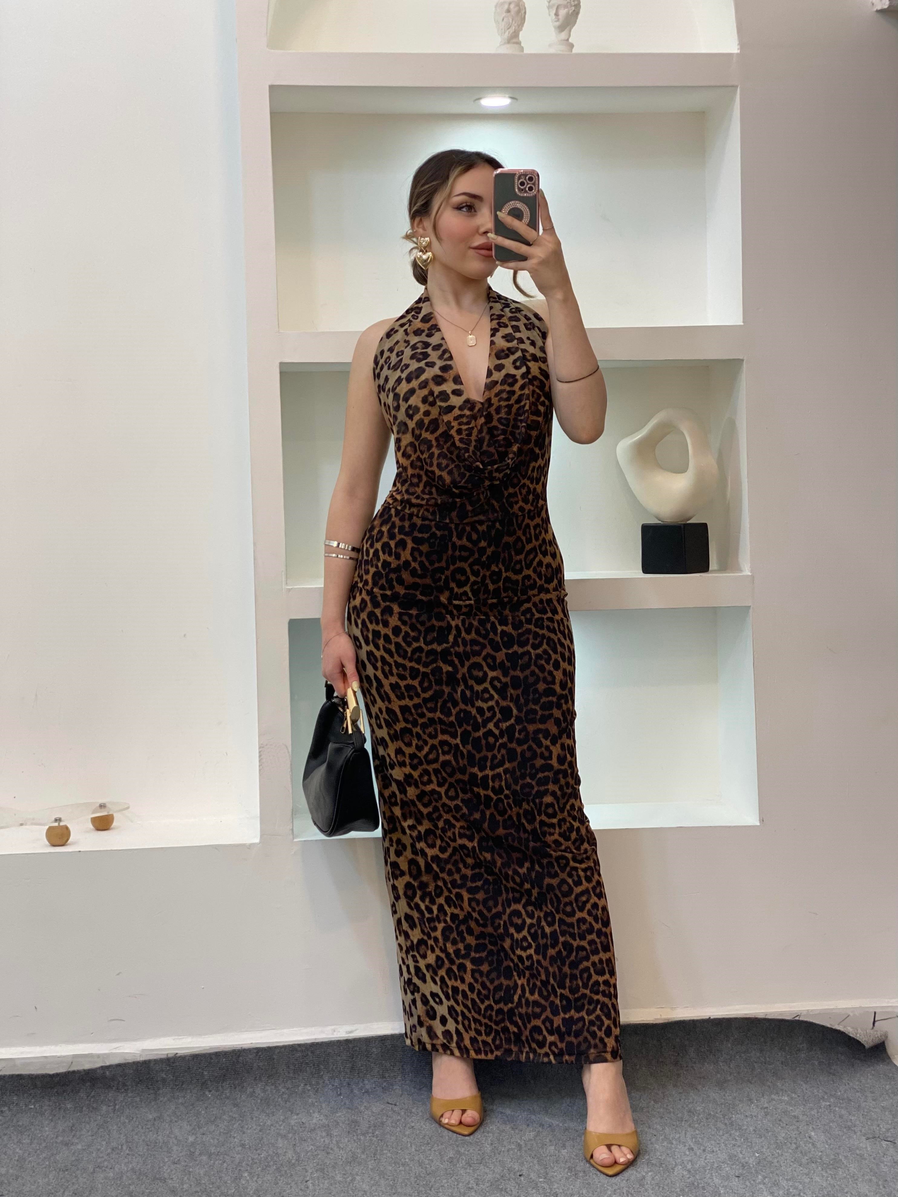Leopar Desen Degaje Yaka Sırt Dekolteli Elbise