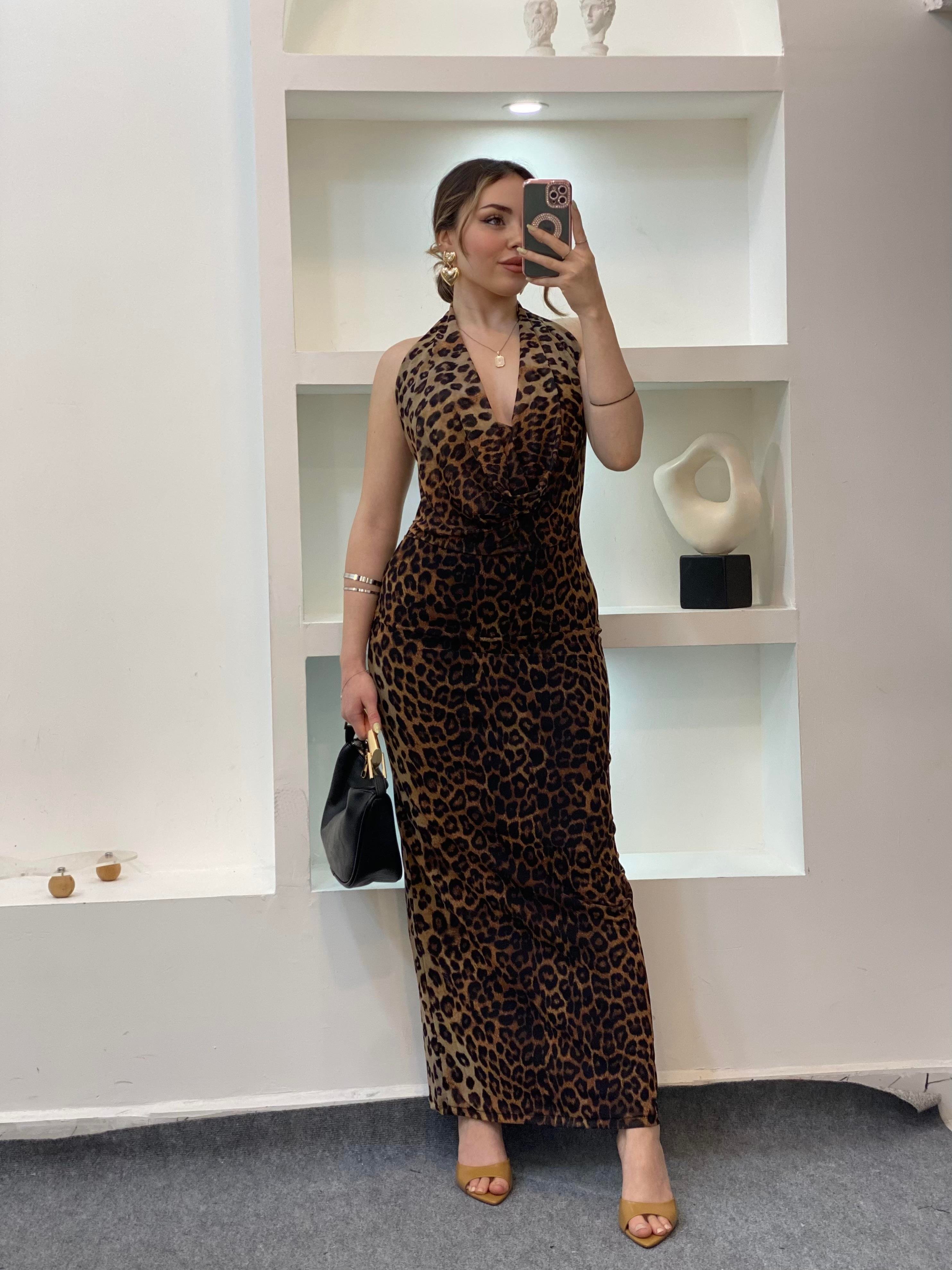 Leopar Desen Degaje Yaka Sırt Dekolteli Elbise
