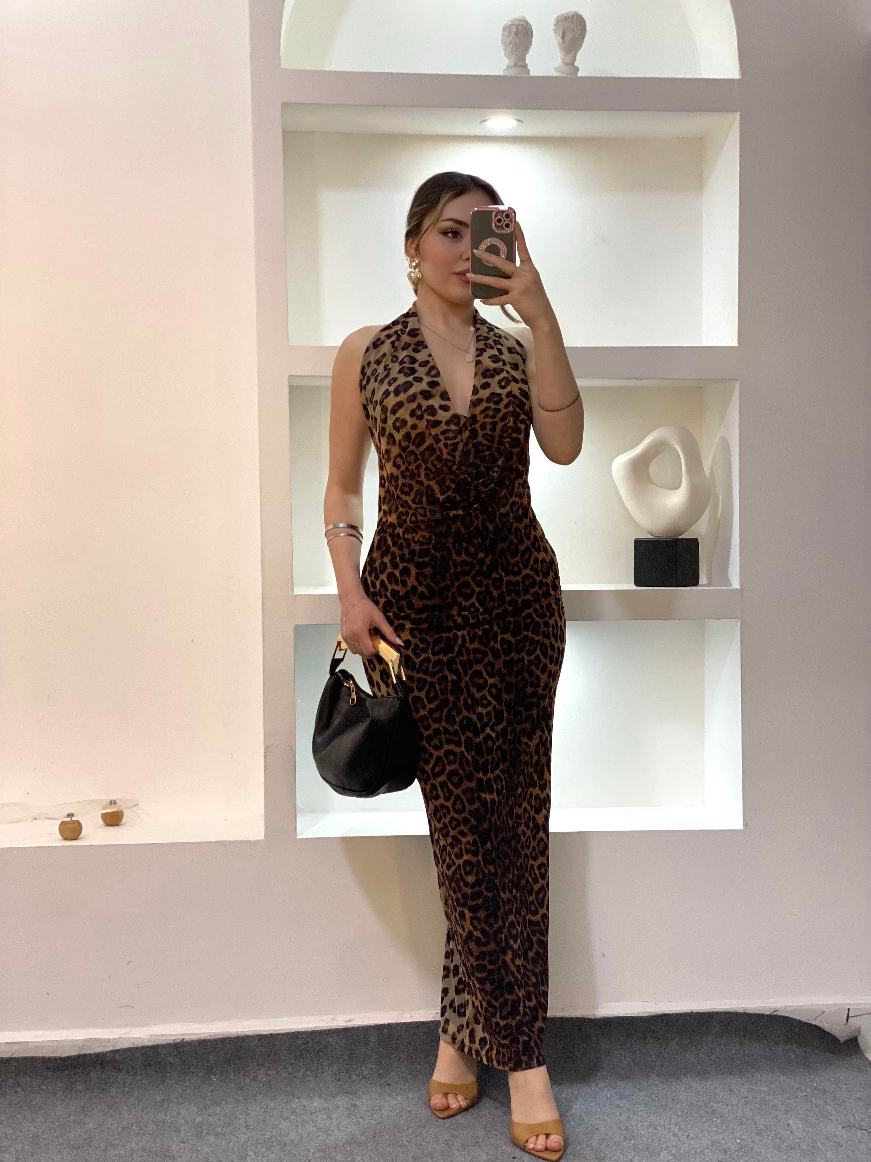 Leopar Desen Degaje Yaka Sırt Dekolteli Elbise