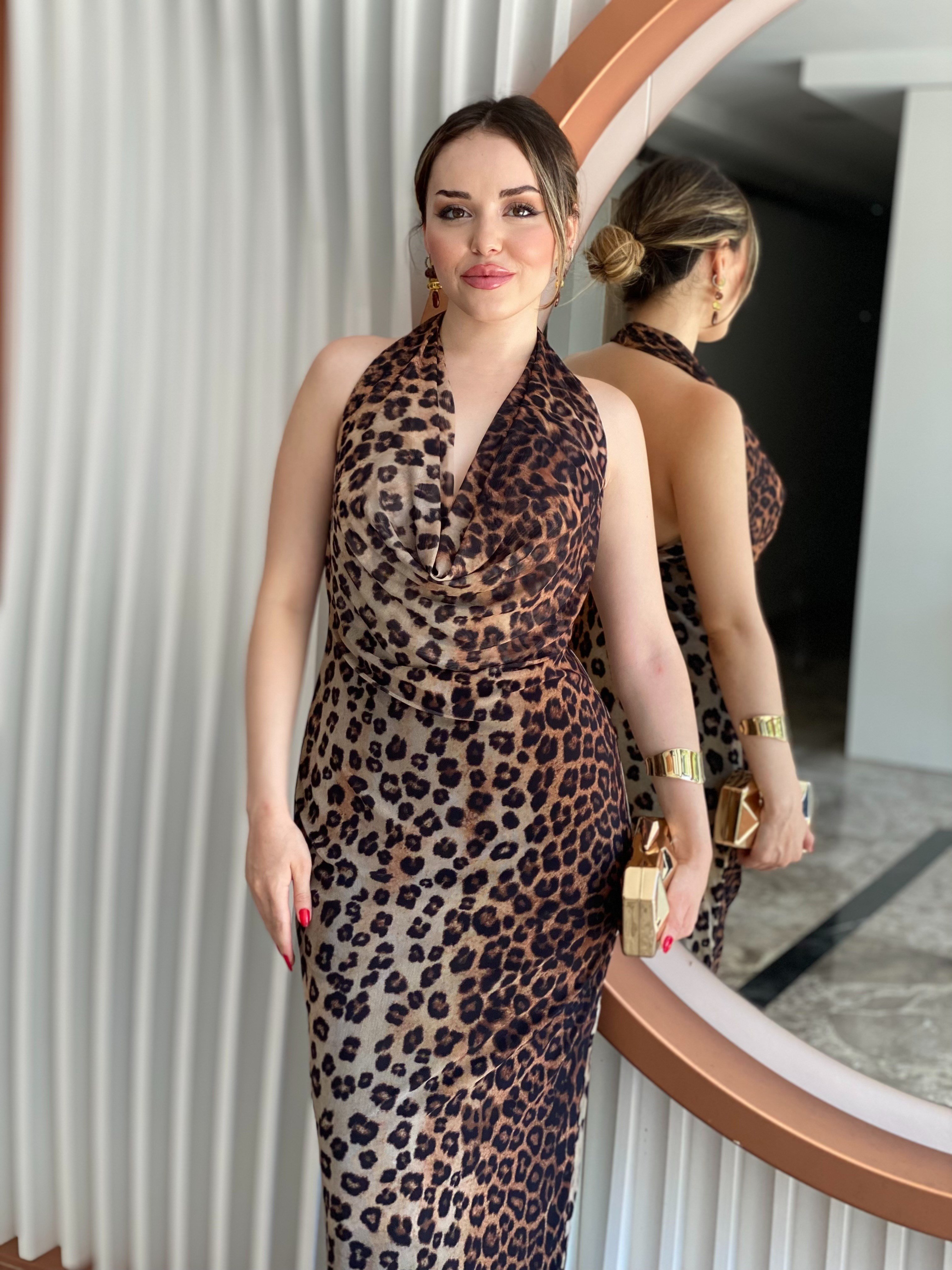 Leopar Desen Degaje Yaka Sırt Dekolteli Elbise