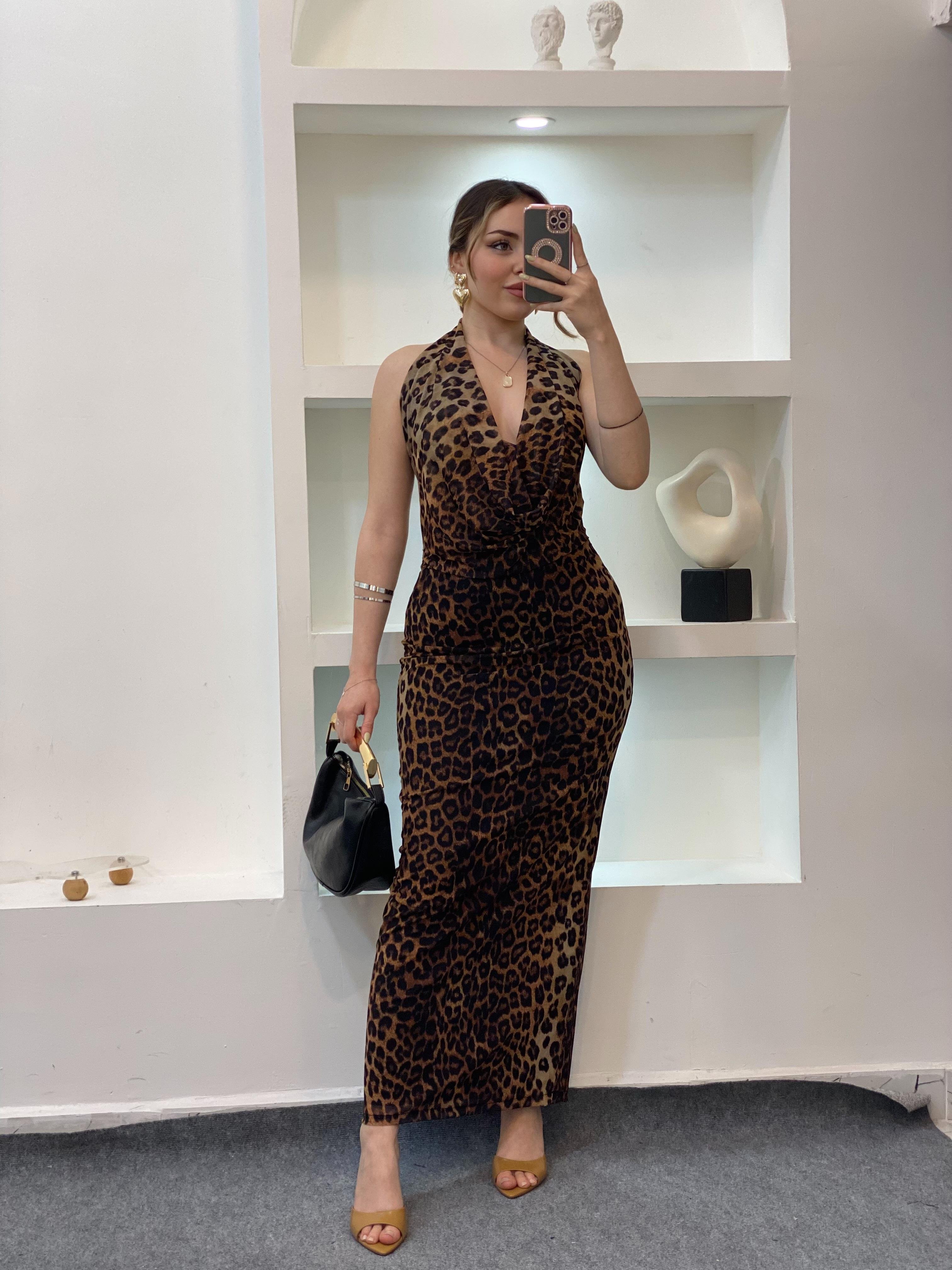 Leopar Desen Degaje Yaka Sırt Dekolteli Elbise