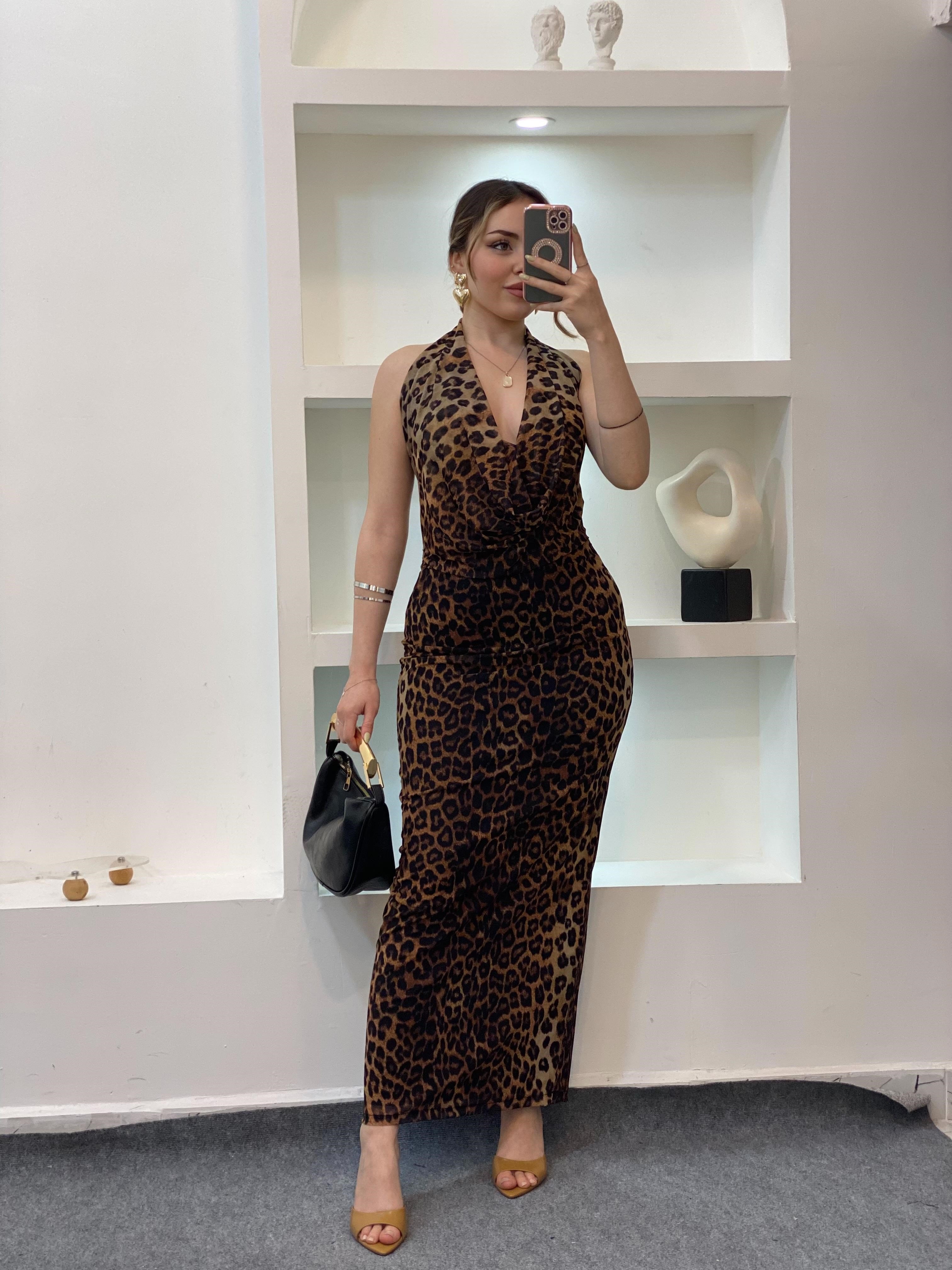 Leopar Desen Degaje Yaka Sırt Dekolteli Elbise