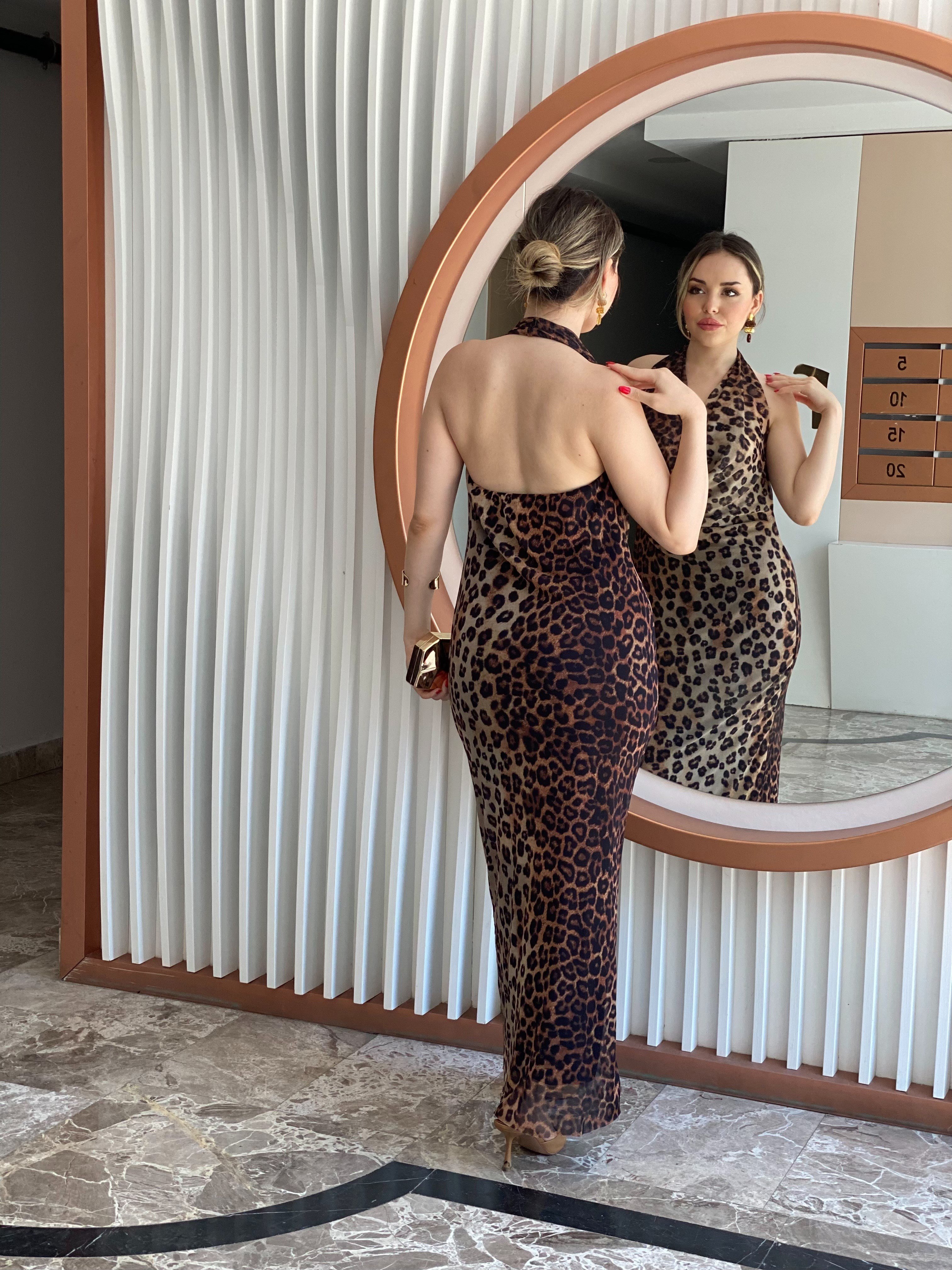 Leopar Desen Degaje Yaka Sırt Dekolteli Elbise