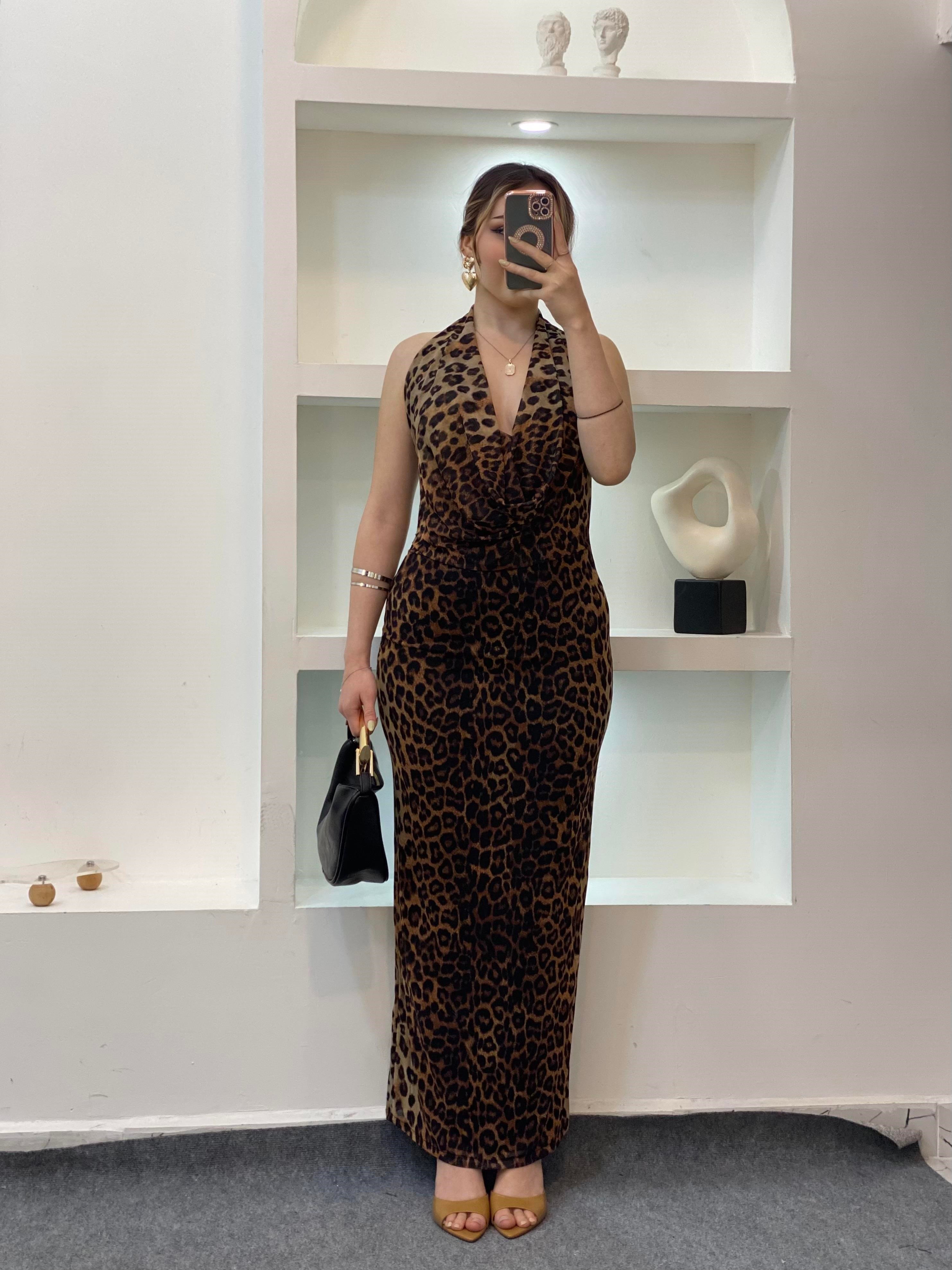 Leopar Desen Degaje Yaka Sırt Dekolteli Elbise