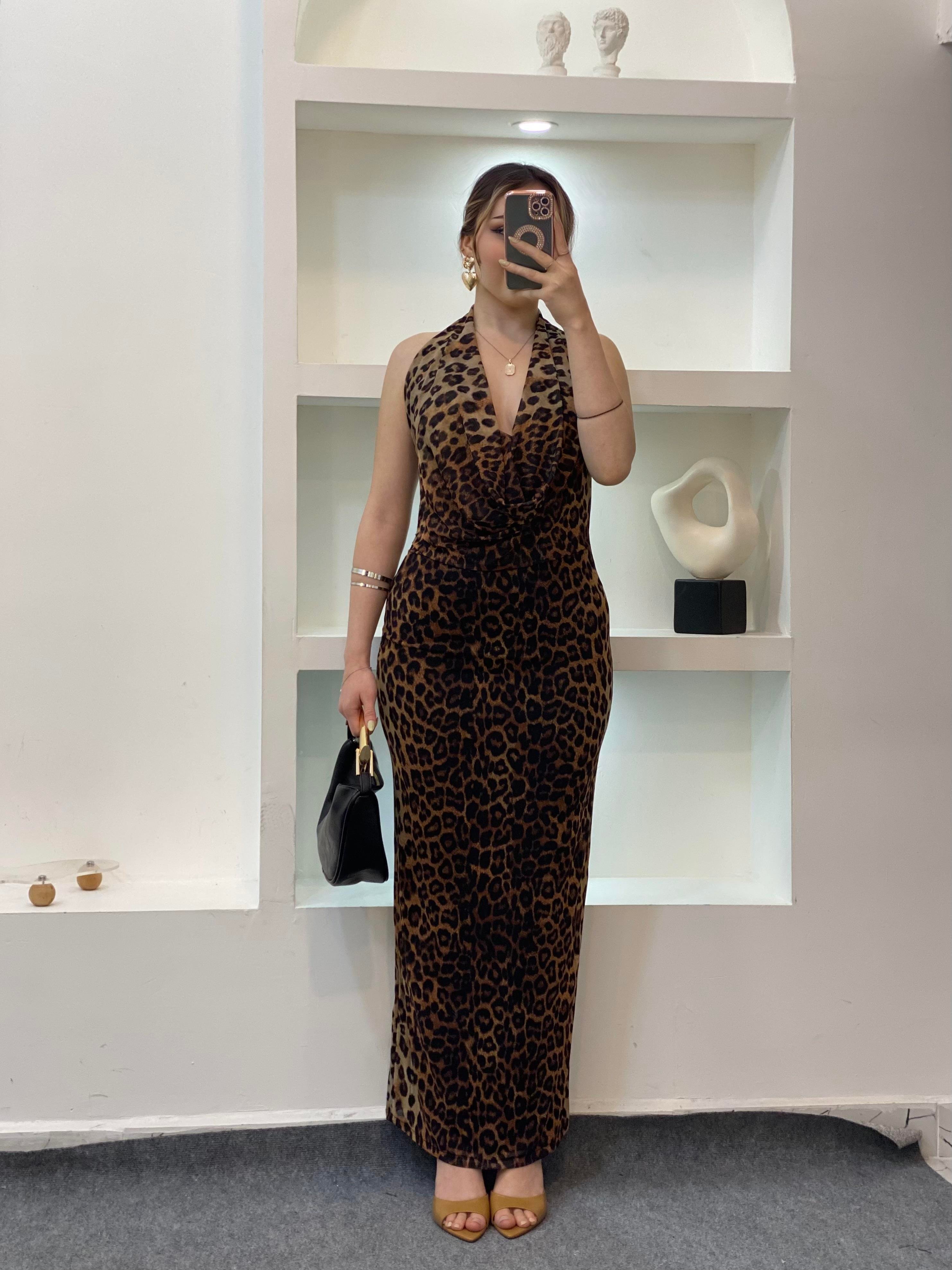 Leopar Desen Degaje Yaka Sırt Dekolteli Elbise