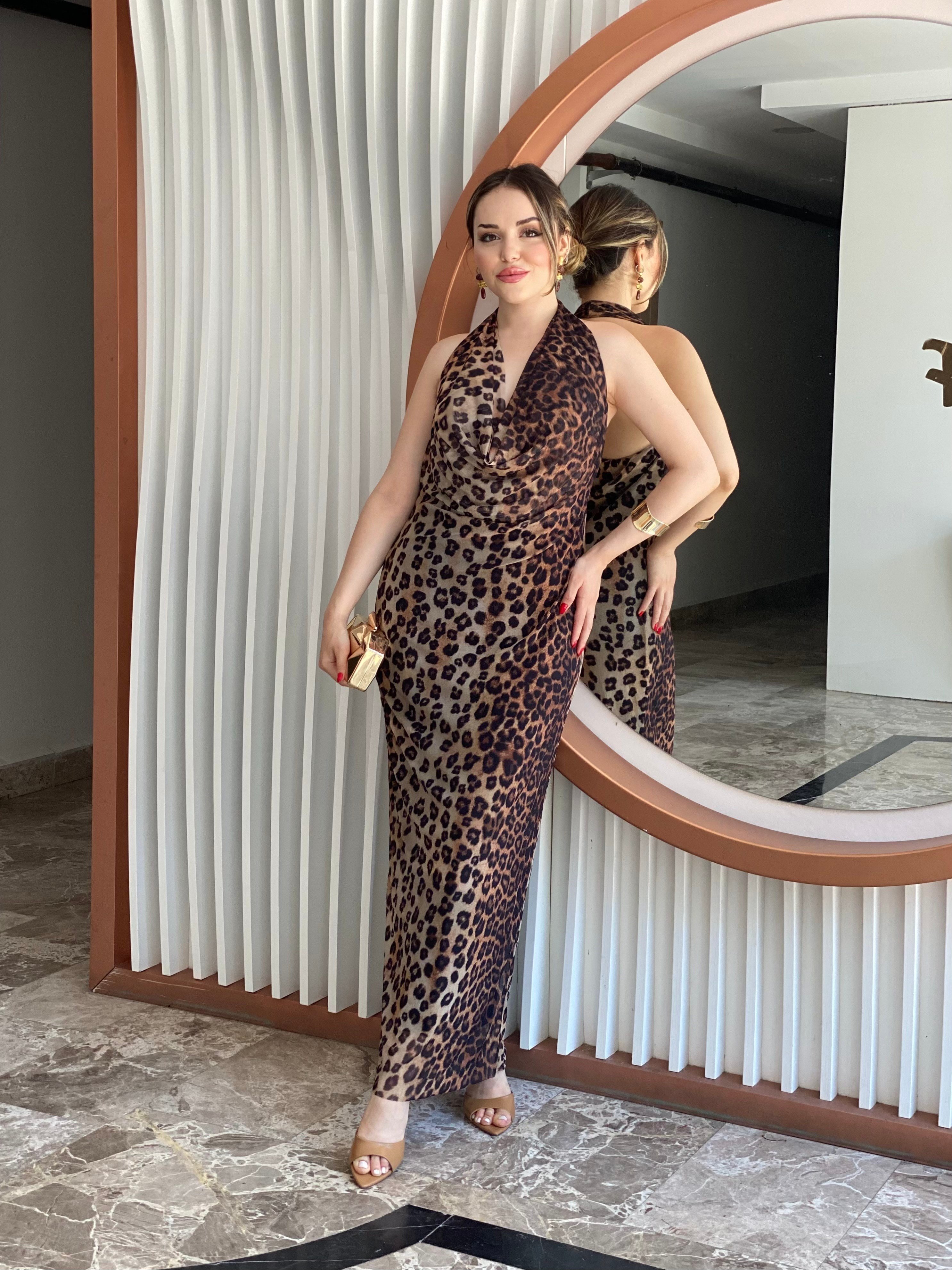 Leopar Desen Degaje Yaka Sırt Dekolteli Elbise