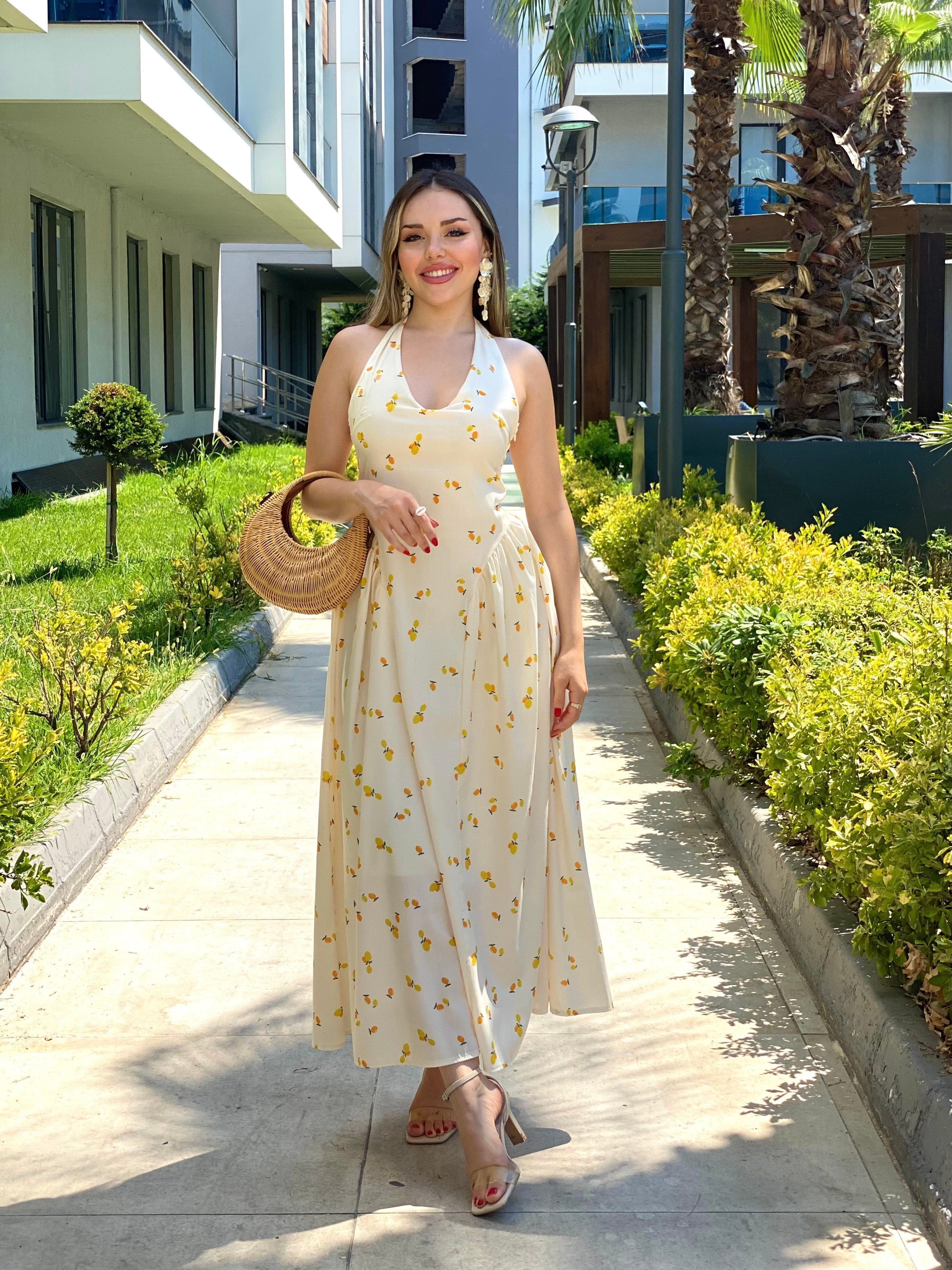 Limon Desenli Elbise 