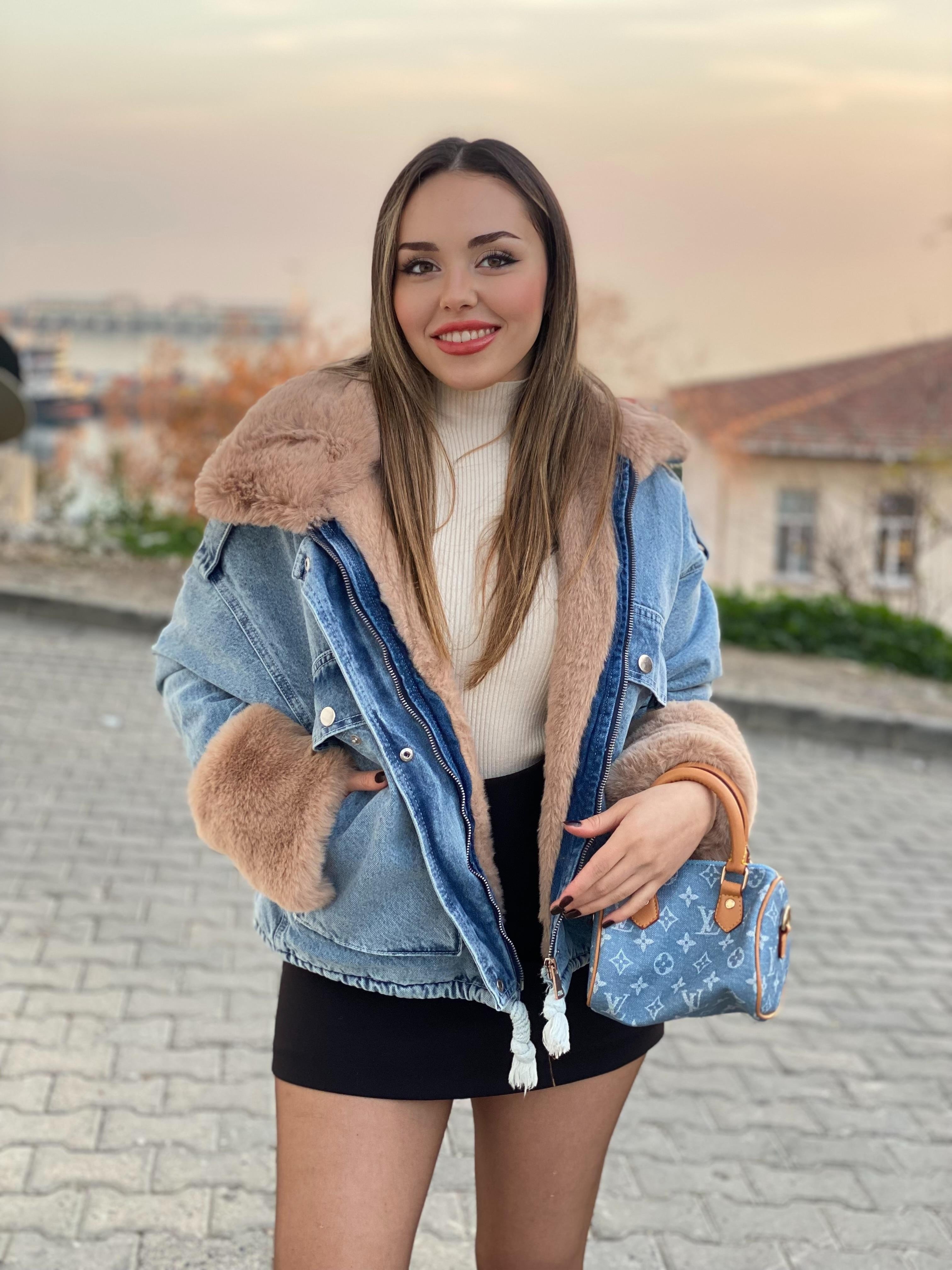 Mavi Bej İçi Full Kürklü Kot Mont