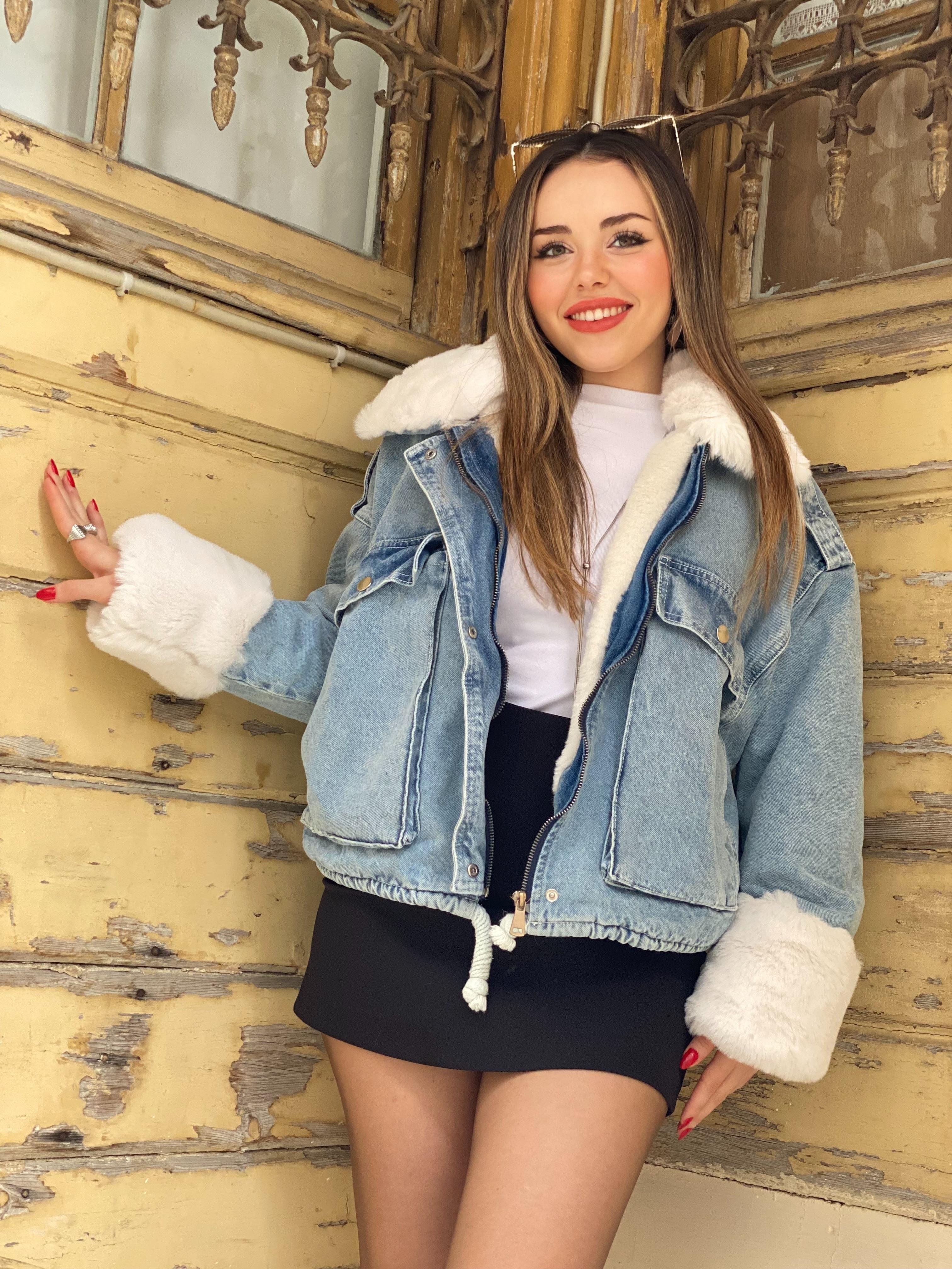 Mavi Beyaz İçi Full Kürklü Kot Mont