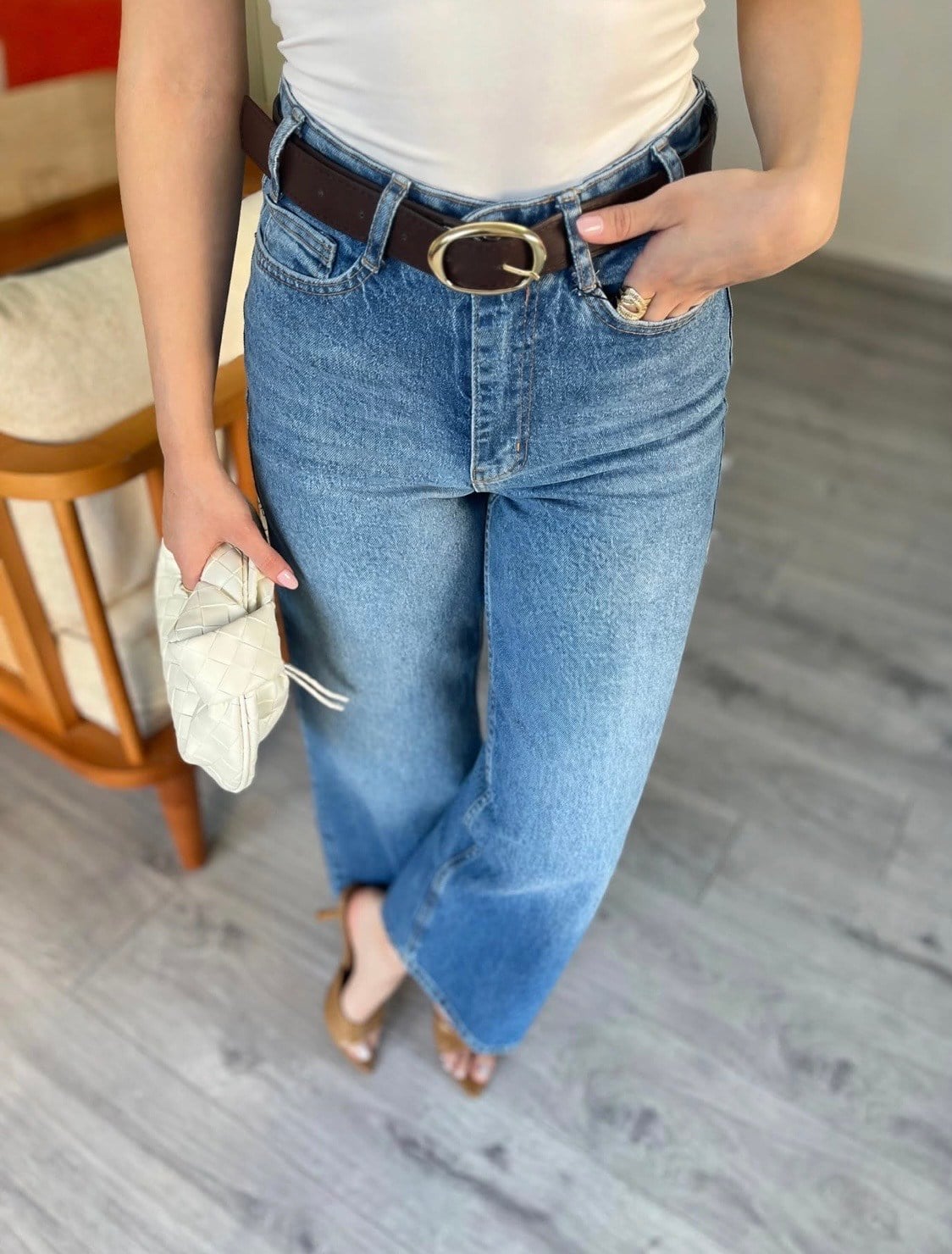 Mavi Culotte Yüksek Bel Kemerli Jean