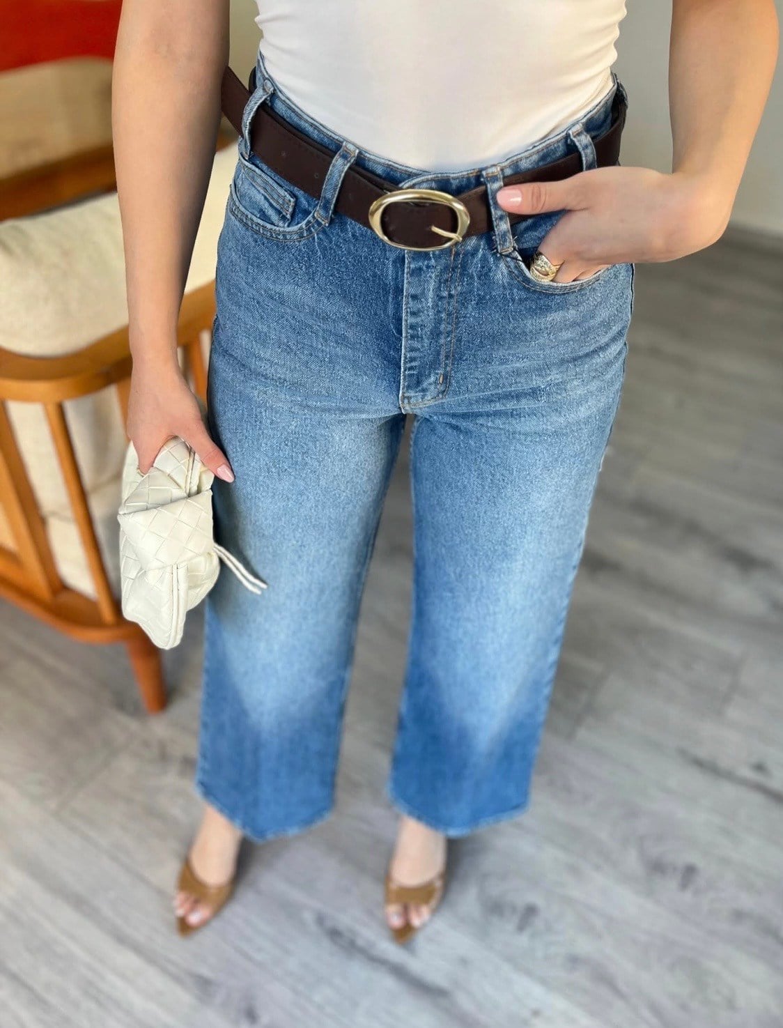 Mavi Culotte Yüksek Bel Kemerli Jean