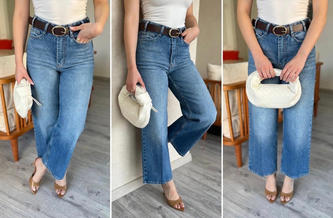 Mavi Culotte Yüksek Bel Kemerli Jean