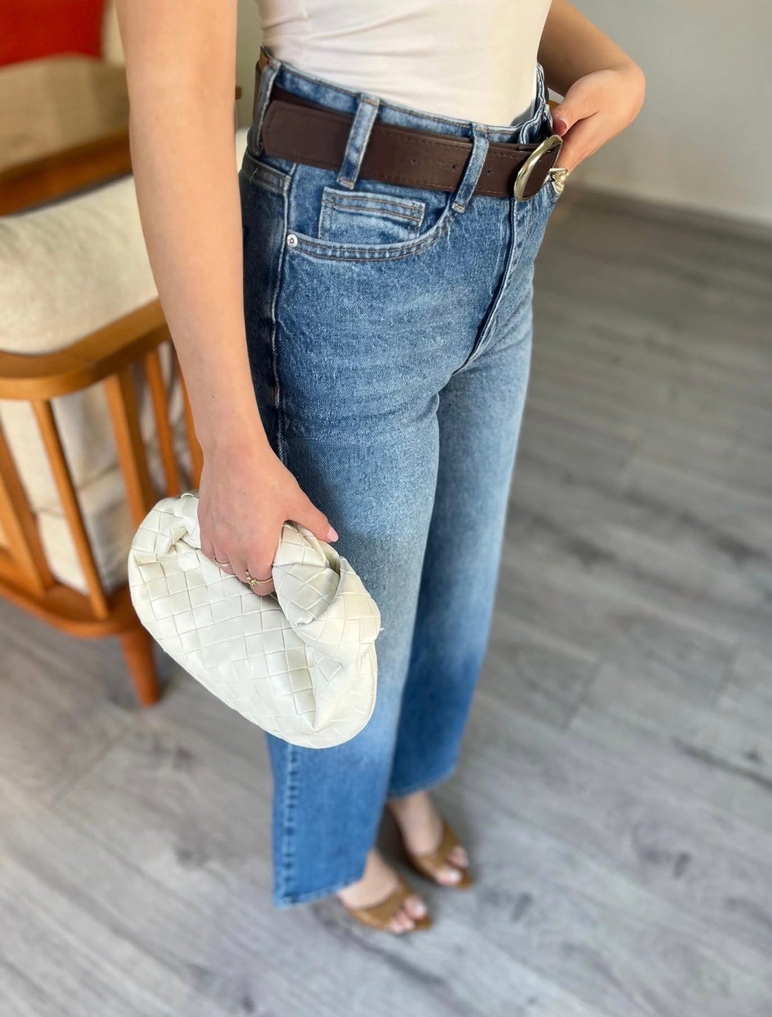Mavi Culotte Yüksek Bel Kemerli Jean