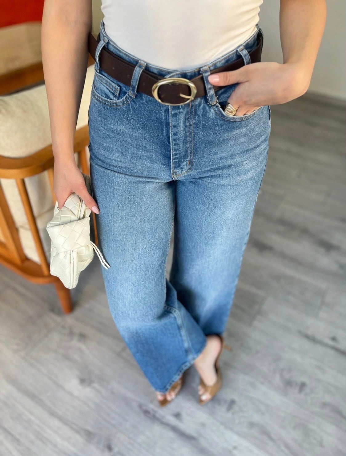 Mavi Culotte Yüksek Bel Kemerli Jean