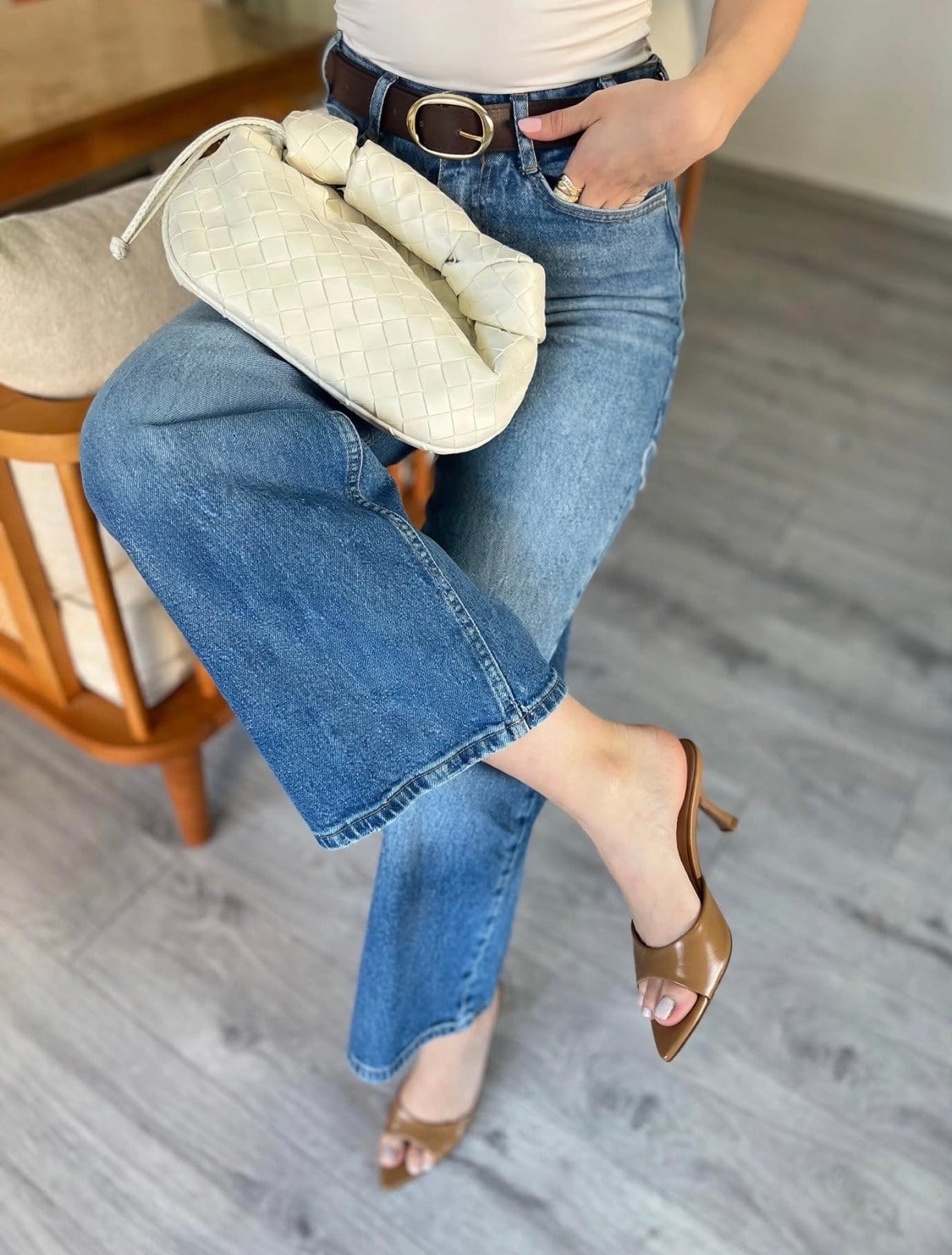 Mavi Culotte Yüksek Bel Kemerli Jean