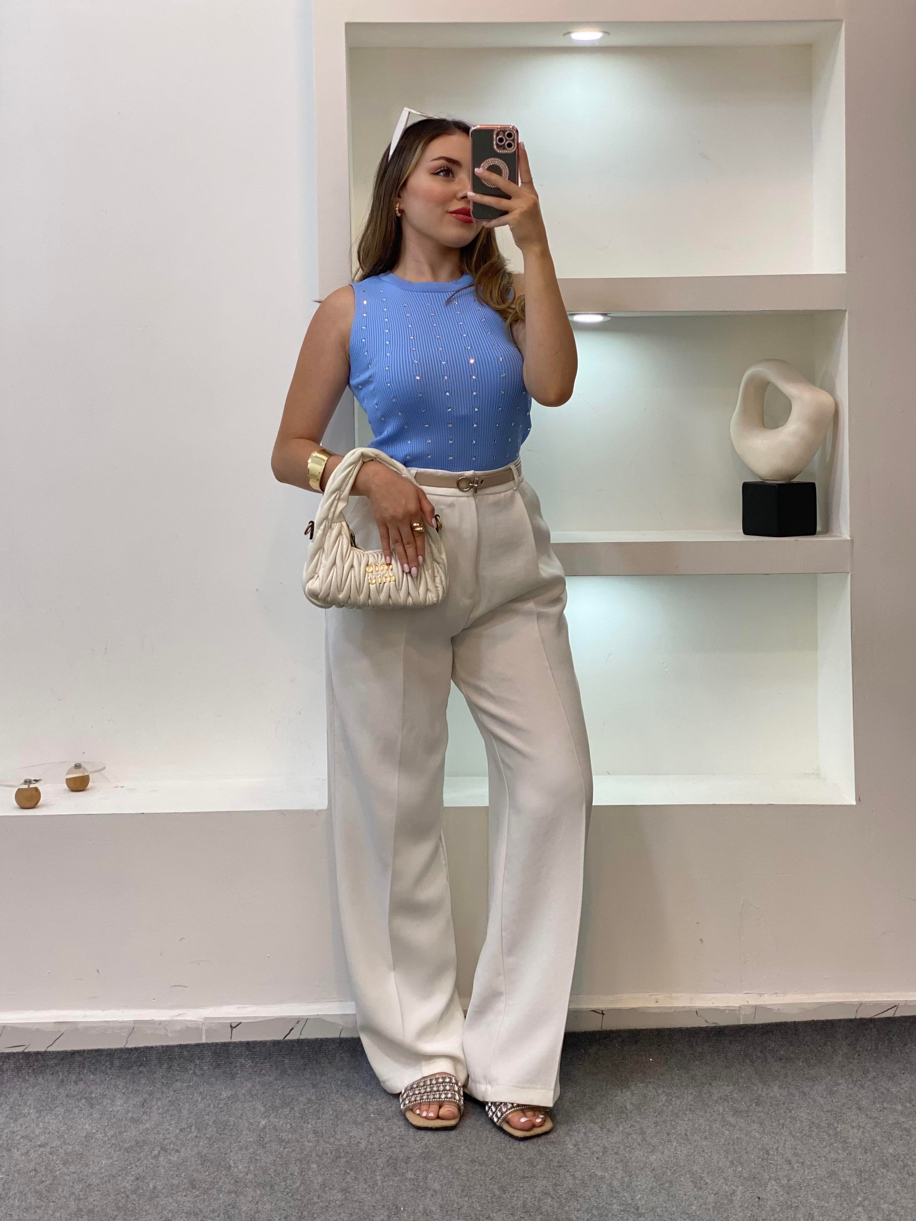 Mavi Damla Taşlı Triko Bluz