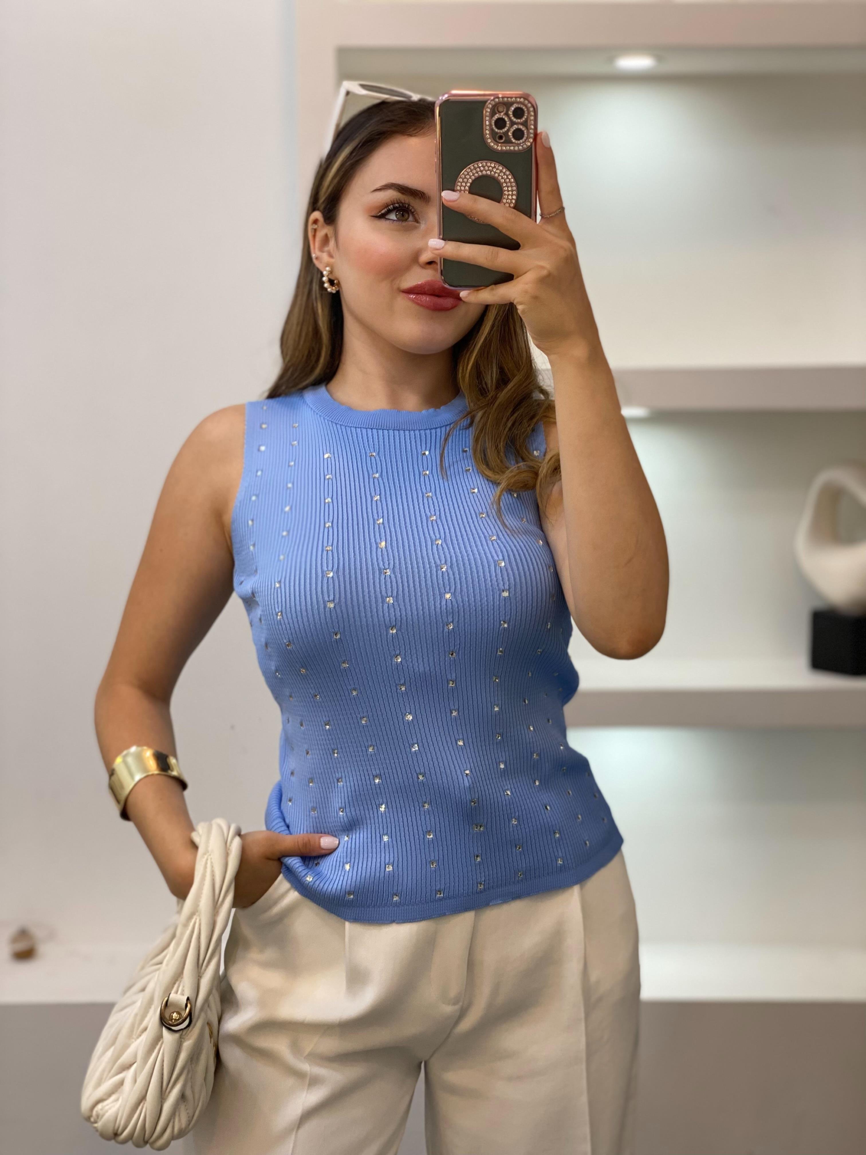 Mavi Damla Taşlı Triko Bluz