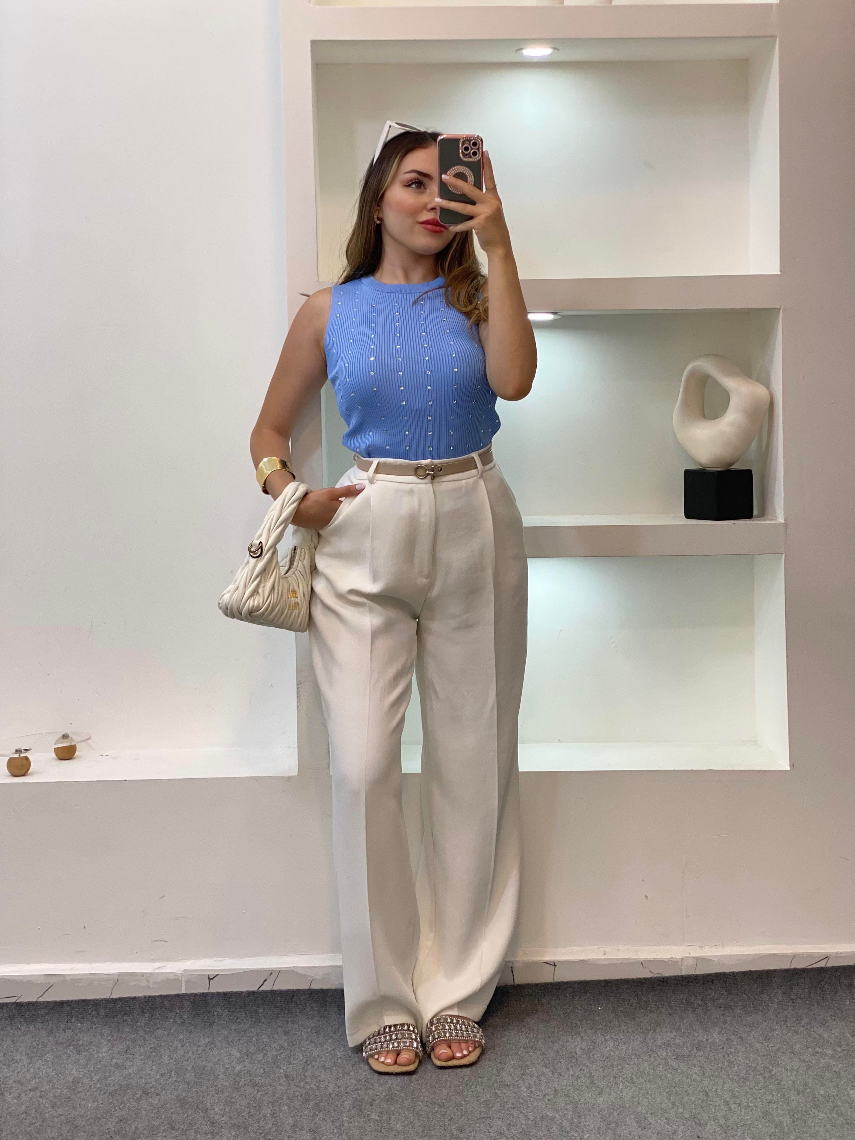 Mavi Damla Taşlı Triko Bluz