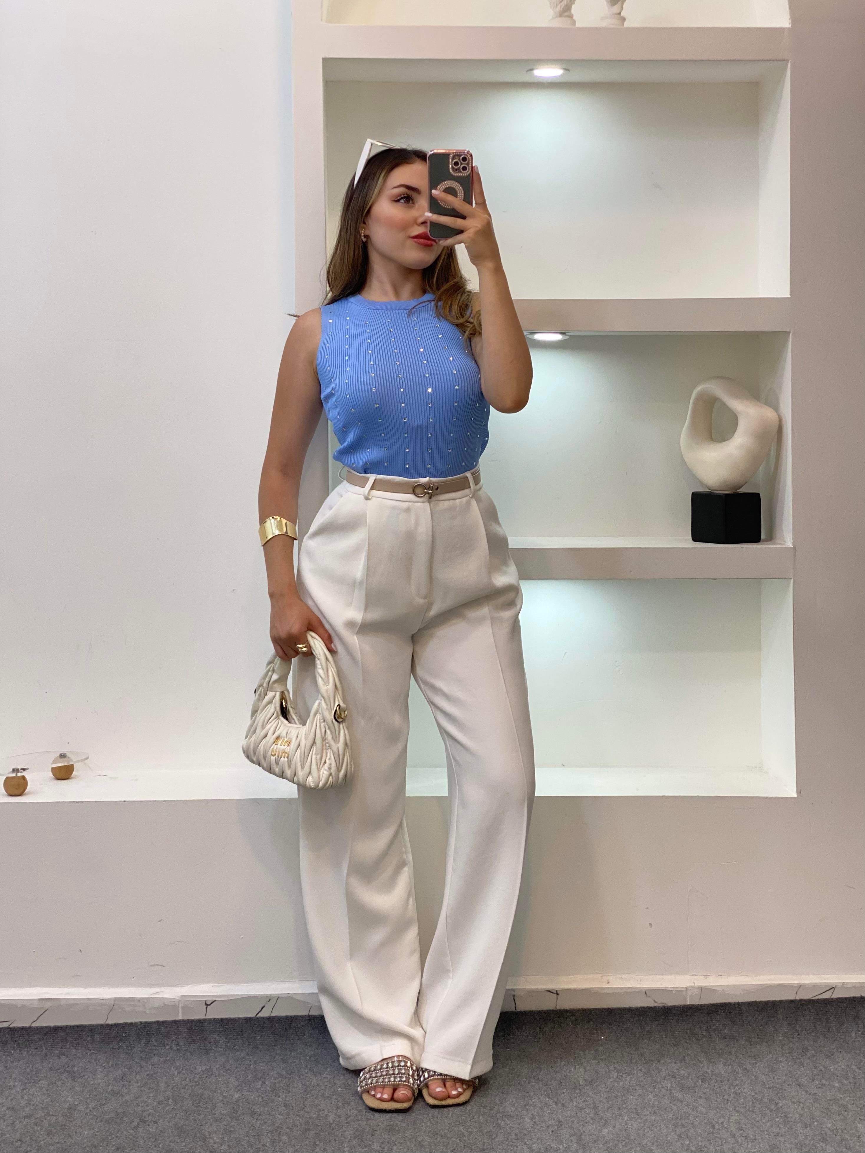 Mavi Damla Taşlı Triko Bluz