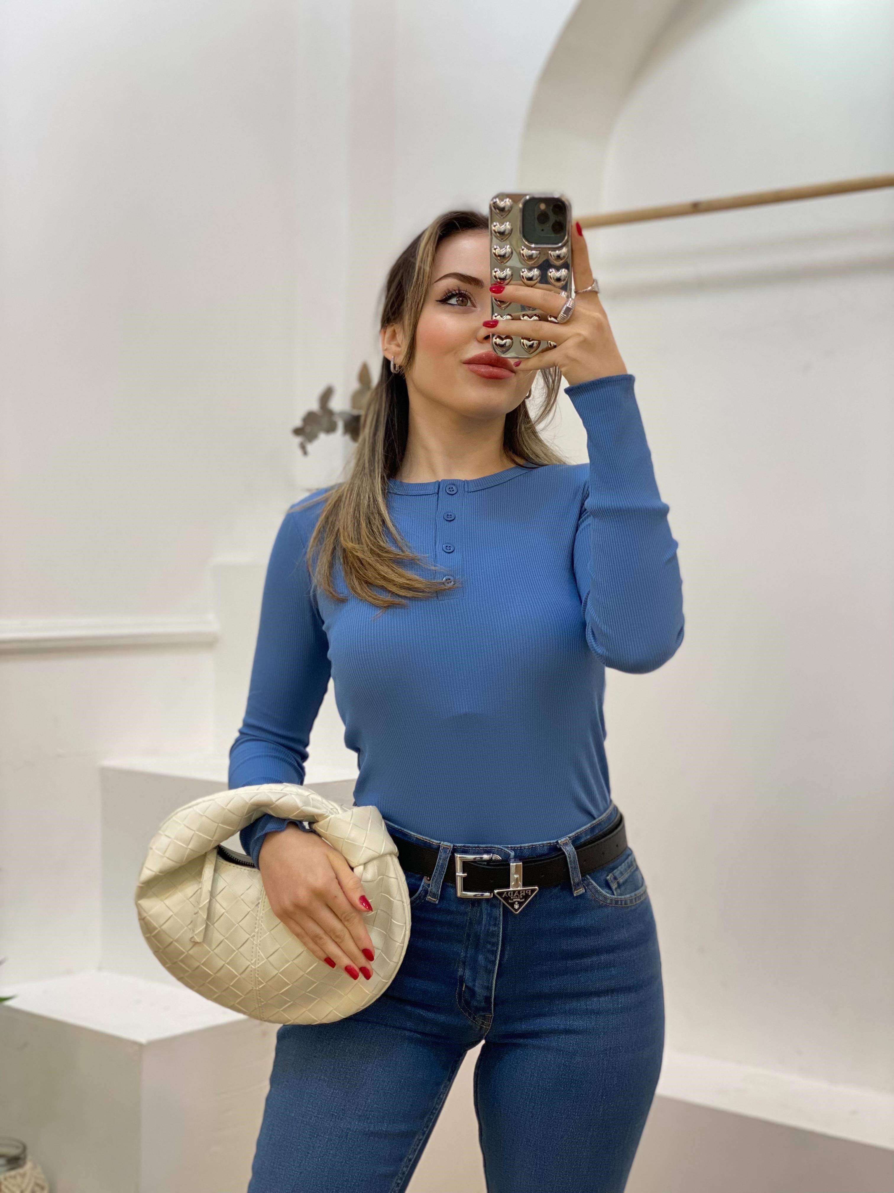 Mavi Düğmeli Fitilli Basic Bluz