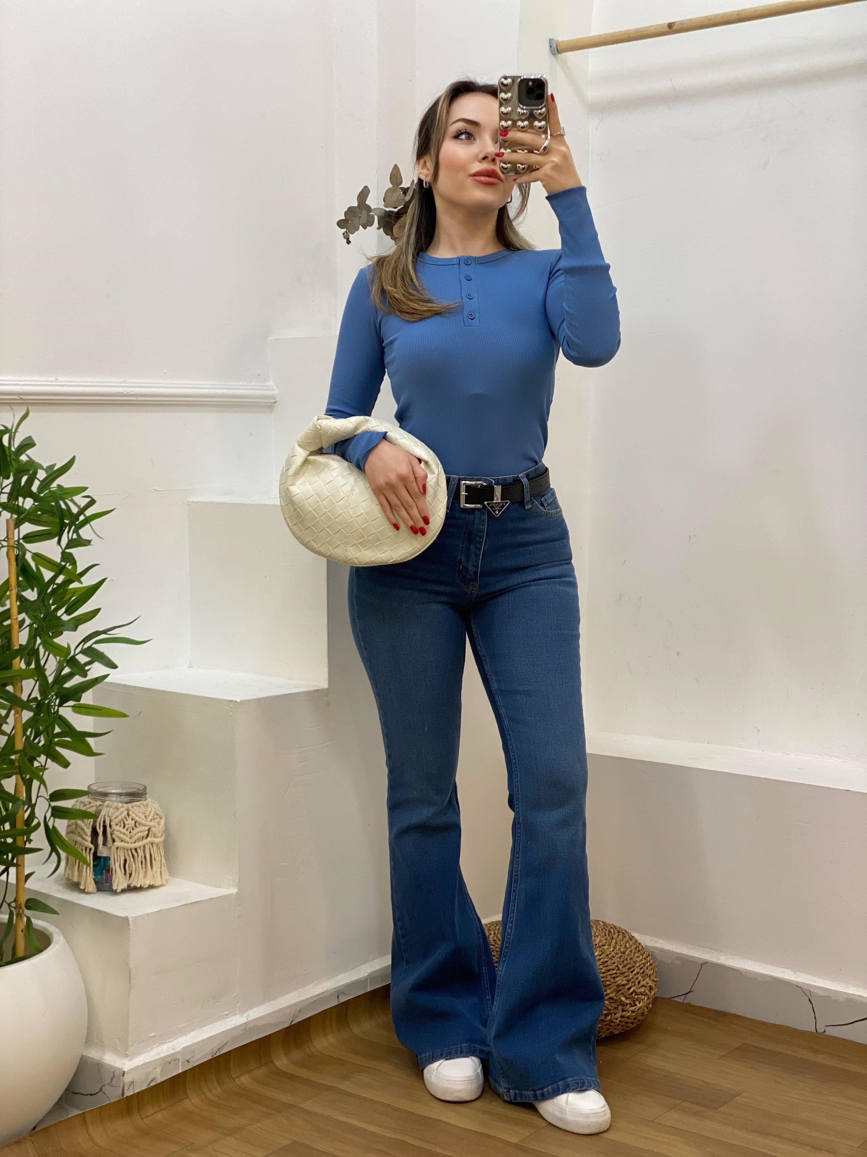 Mavi Düğmeli Fitilli Basic Bluz