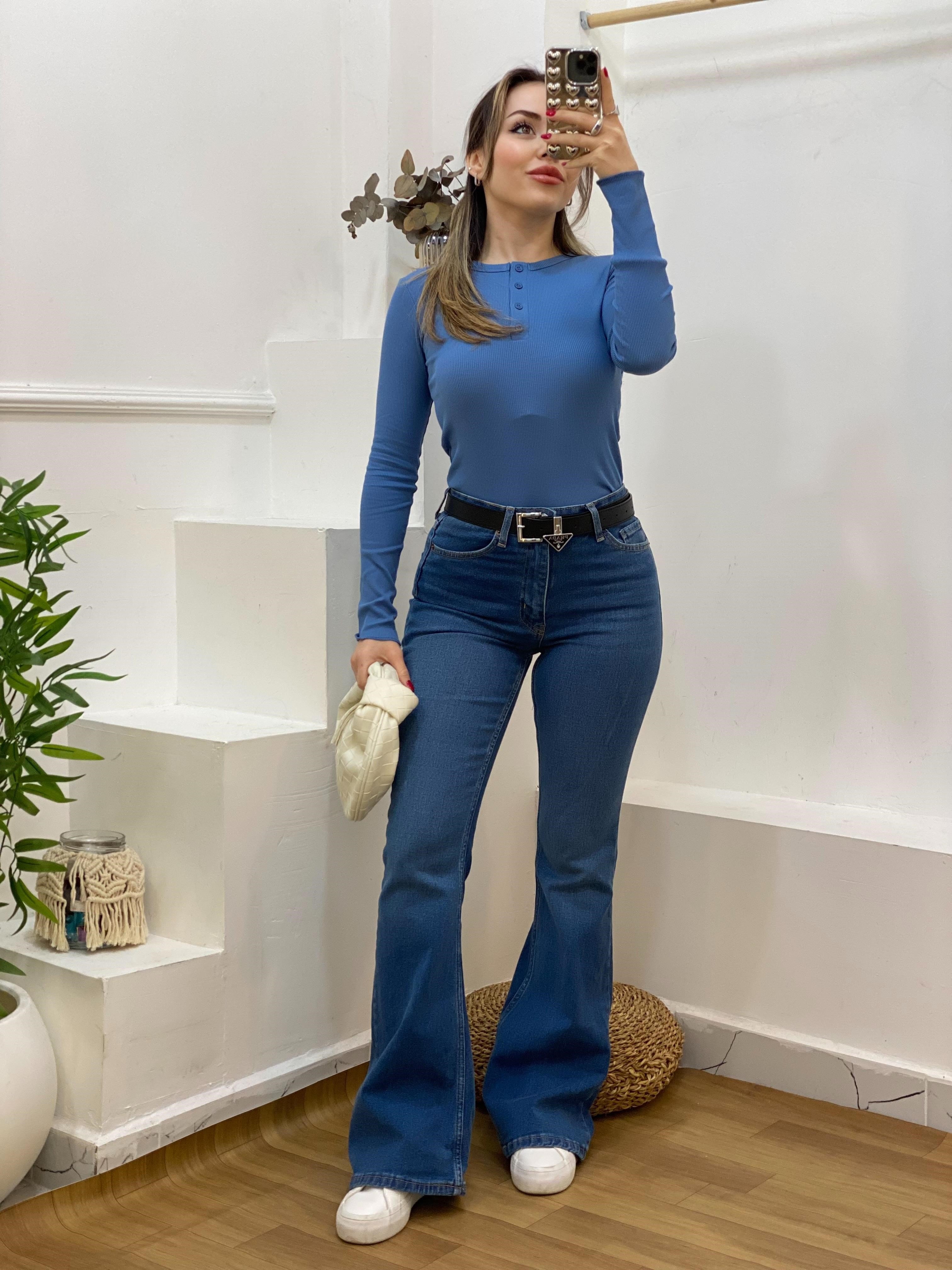 Mavi Düğmeli Fitilli Basic Bluz