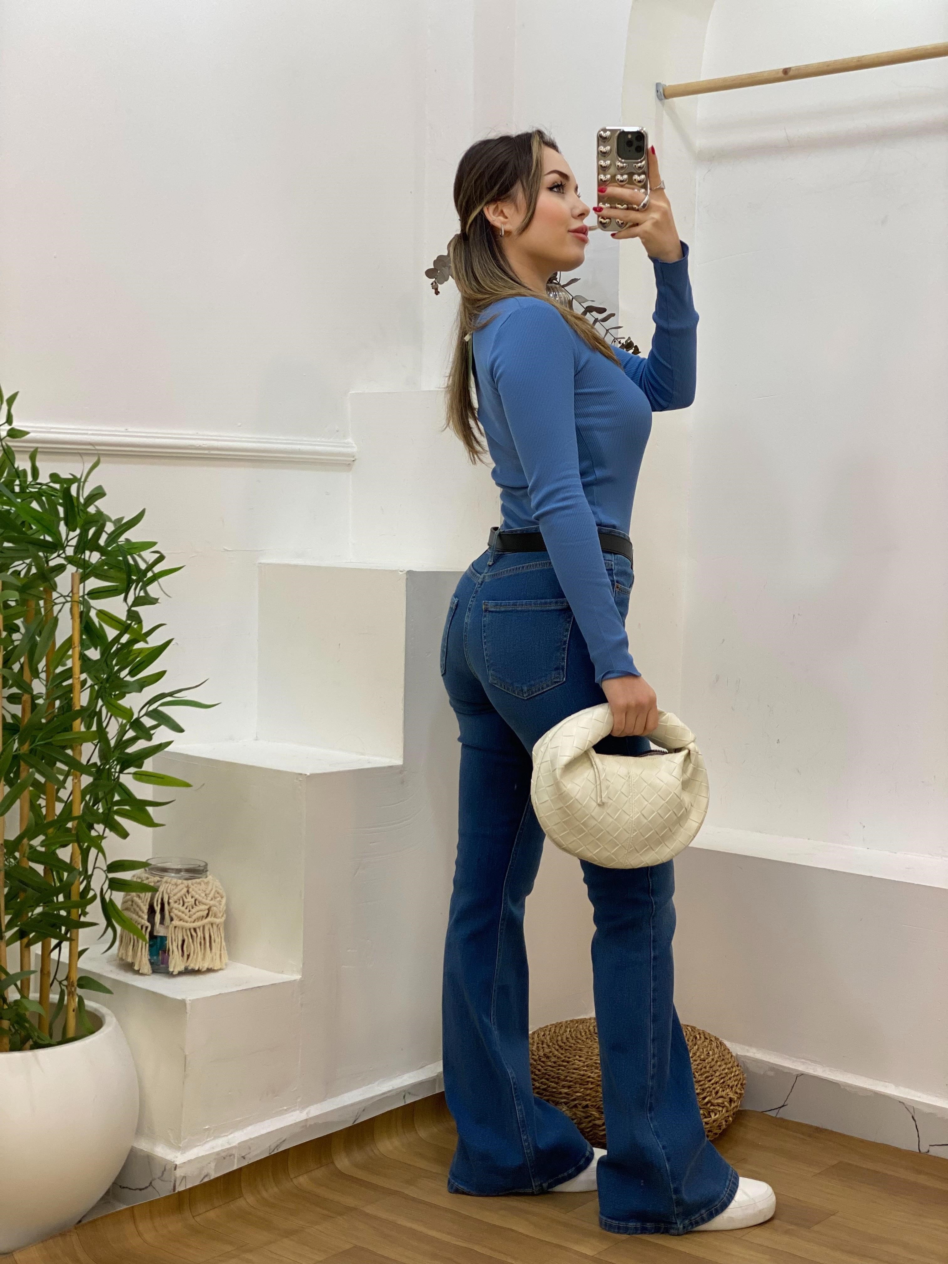 Mavi Düğmeli Fitilli Basic Bluz