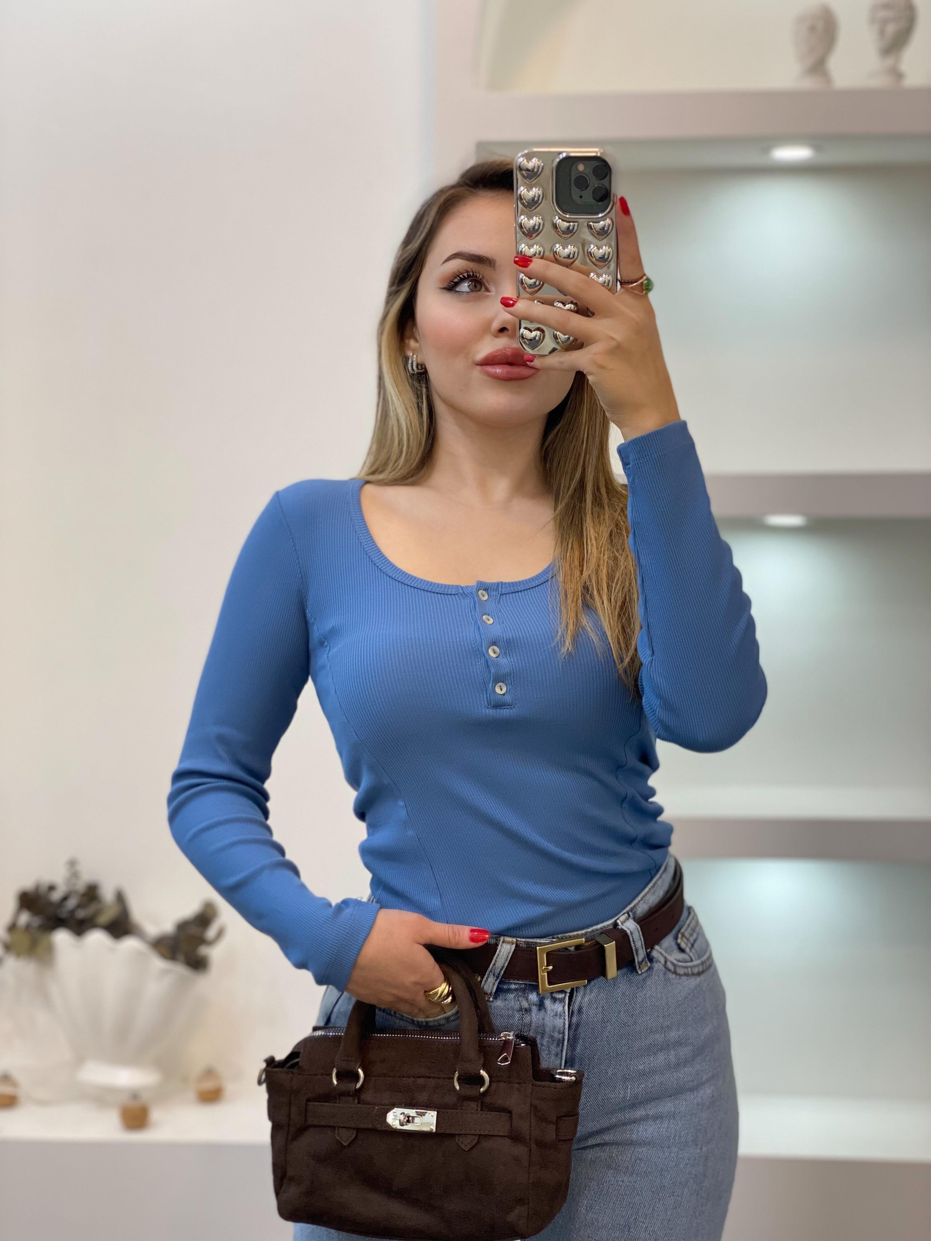 Mavi Düğmeli Fitilli Basic Bluz
