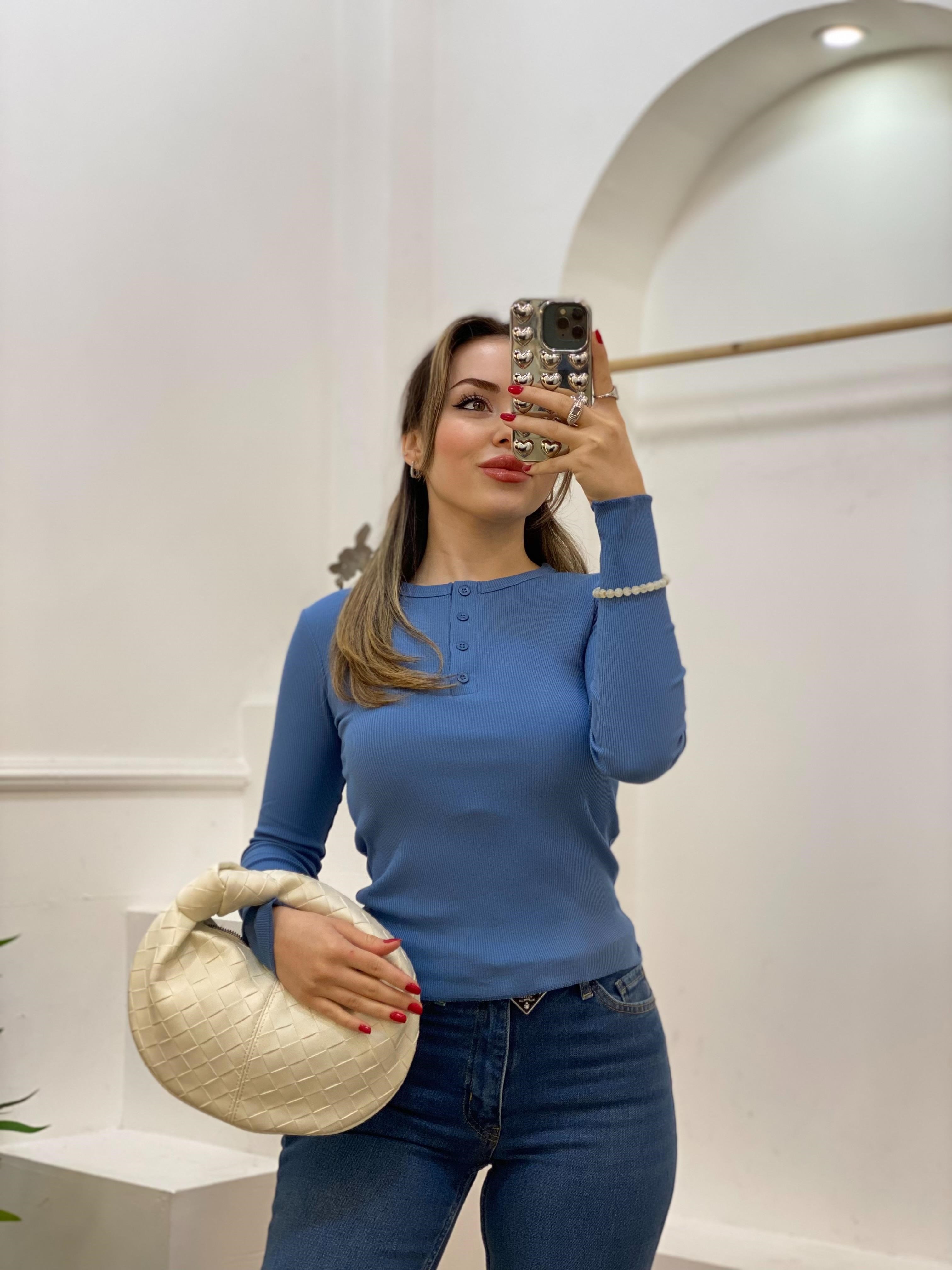 Mavi Düğmeli Fitilli Basic Bluz