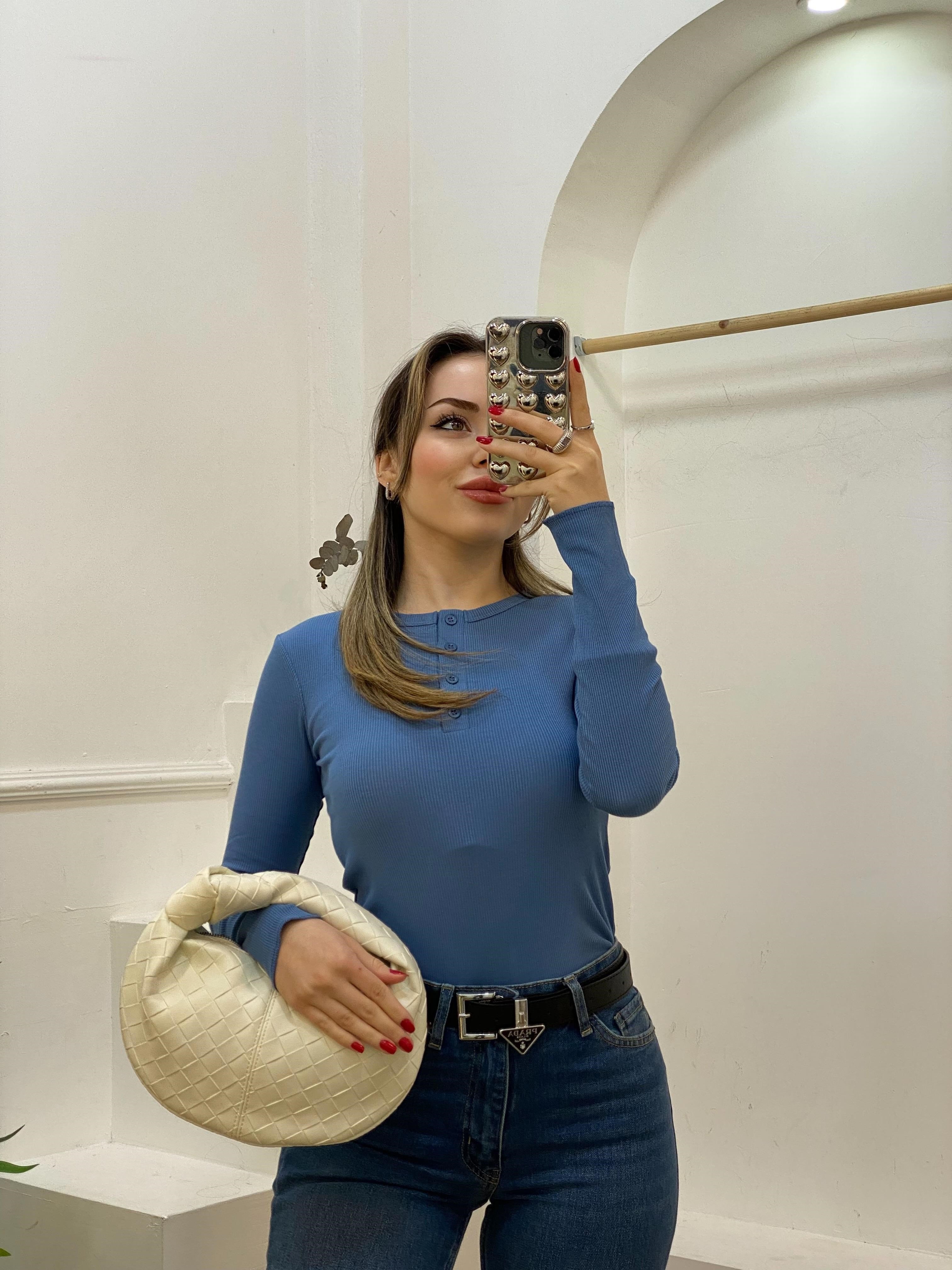 Mavi Düğmeli Fitilli Basic Bluz
