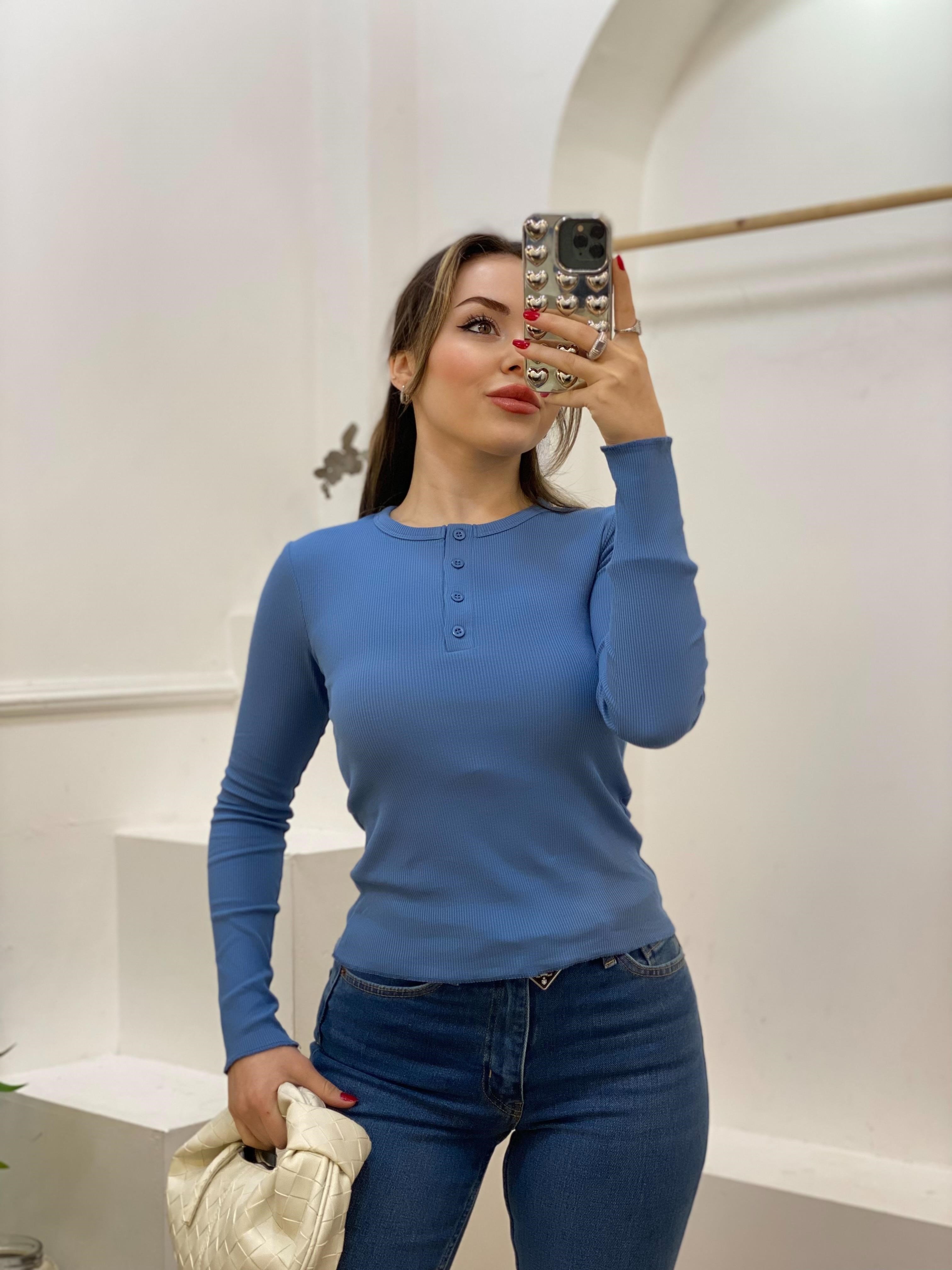 Mavi Düğmeli Fitilli Basic Bluz