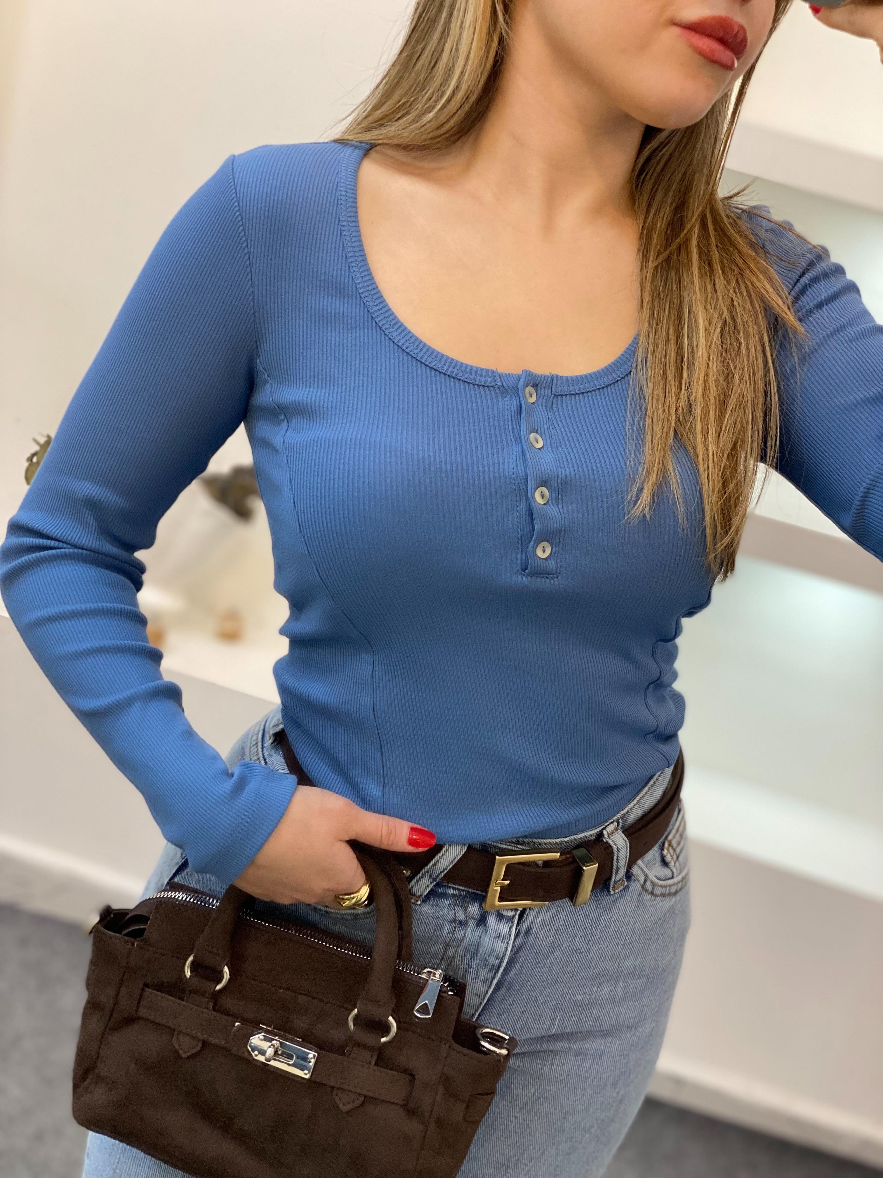 Mavi Düğmeli Fitilli Basic Bluz