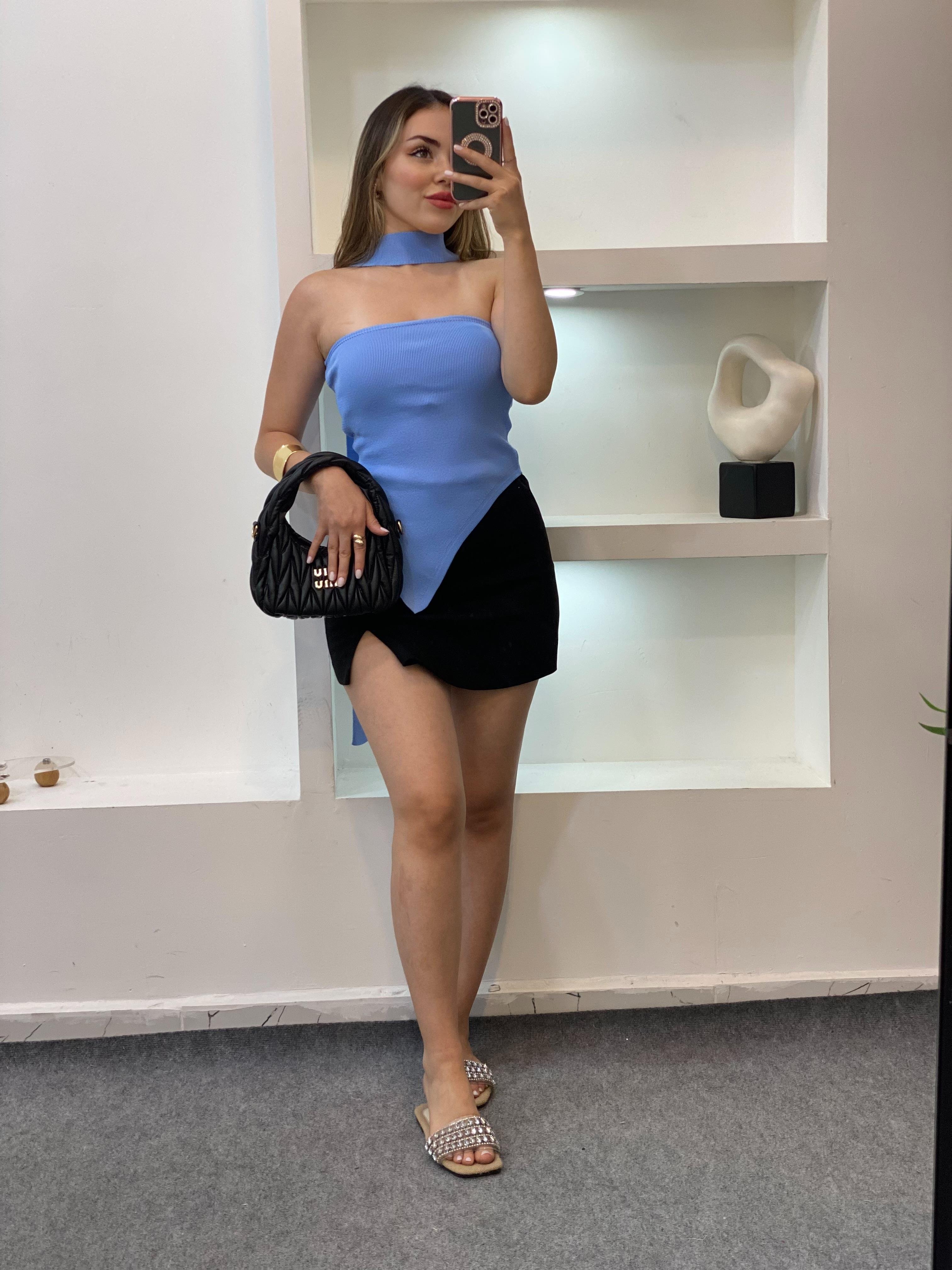 Mavi Fularlı Triko Bluz